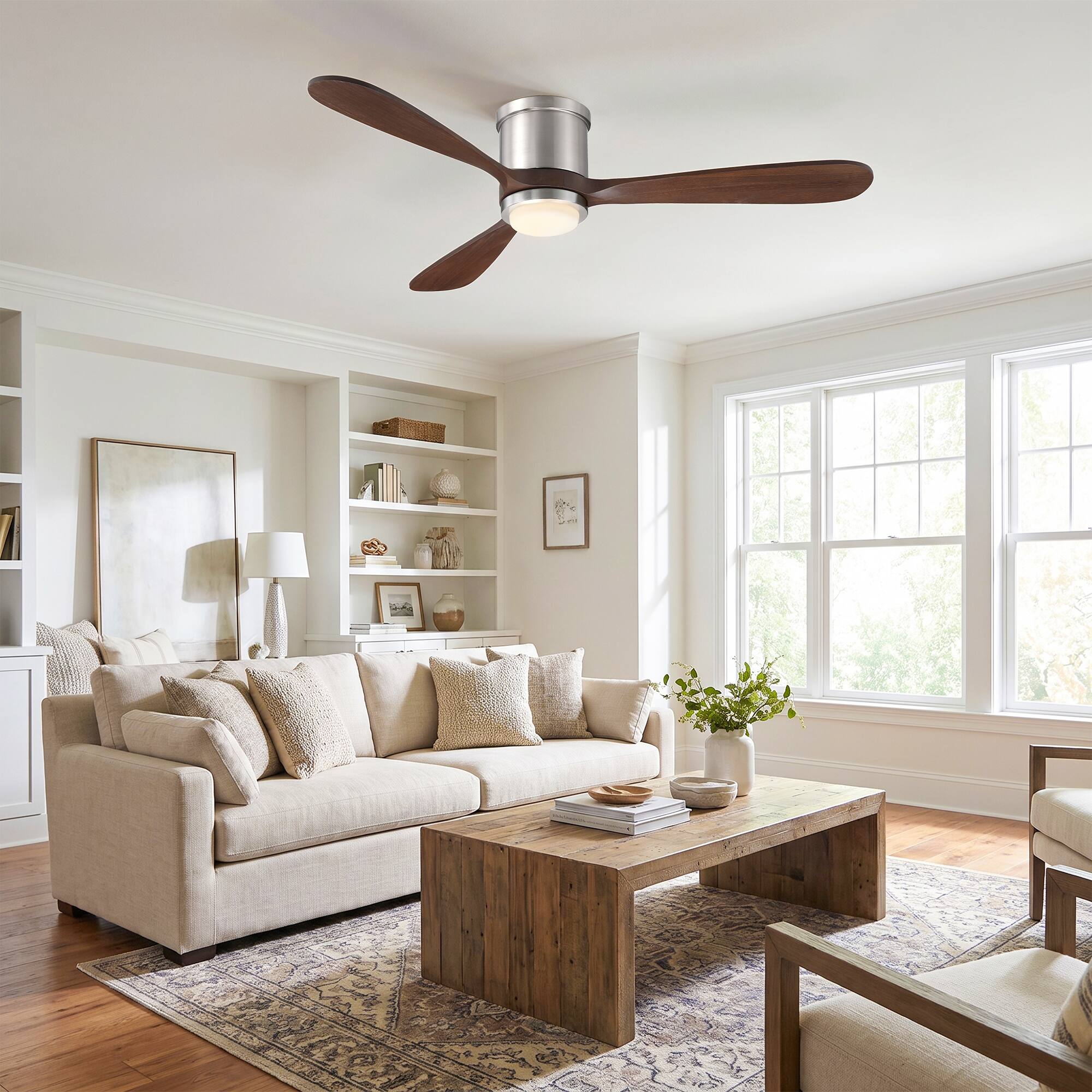 Angle. Parrot Uncle - 52" Modern 3 Solid Wood Blade Flush Mount Ceiling Fan with LED Light and Remote - Satin Nickel.