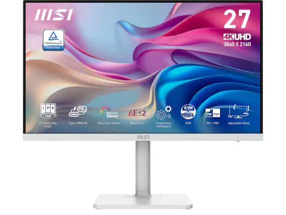 - TÜV Rheinland Certified
- 27" 4K UHD 3840 x 2160
- IPS 178° Wide View Angle
- 98W Type-C PD
- Wide Color Gamut
- Delta E < 2
- Productivity Intelligence
- KVM
- PIP / PBP
- Adjustable Stand