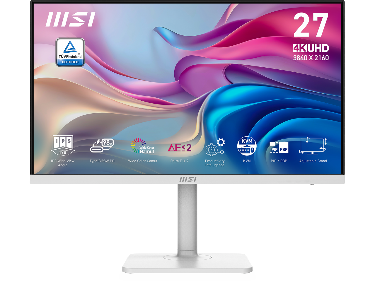 - TÜV Rheinland Certified
- 27" 4K UHD 3840 x 2160
- IPS 178° Wide View Angle
- 98W Type-C PD
- Wide Color Gamut
- Delta E < 2
- Productivity Intelligence
- KVM
- PIP / PBP
- Adjustable Stand
