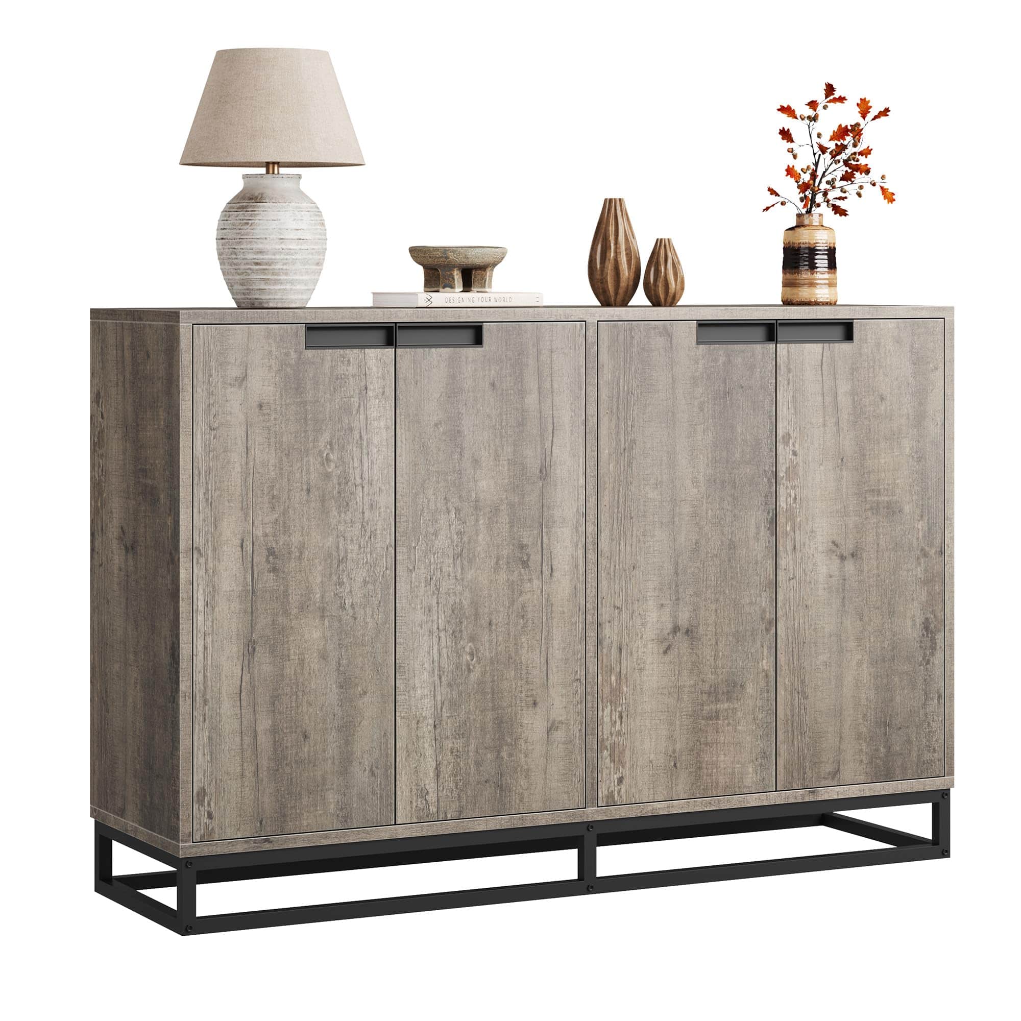 Qeetex - 55" Buffet Storage Cabinet, Modern Sideboard Credenza with 4 Doors and Shelves - Gray