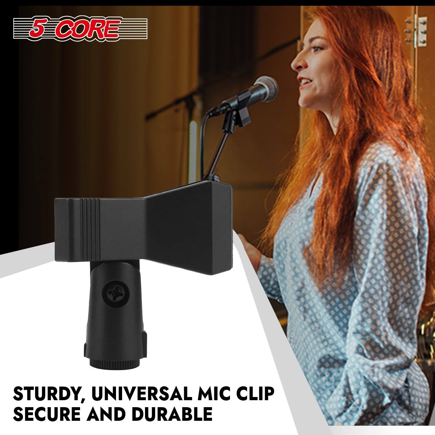 The corrected text is: "5 CORE STURDY, UNIVERSAL MIC CLIP SECURE AND DURABLE."