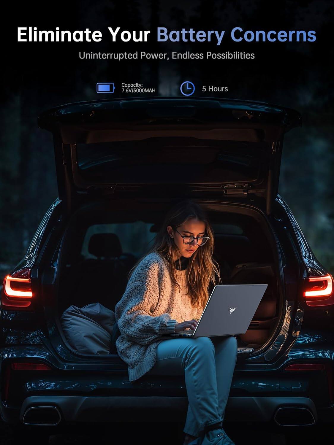 Eliminate Your Battery Concerns  
Uninterrupted Power, Endless Possibilities  

Capacity: 7.6V/5000MAH  
5 Hours