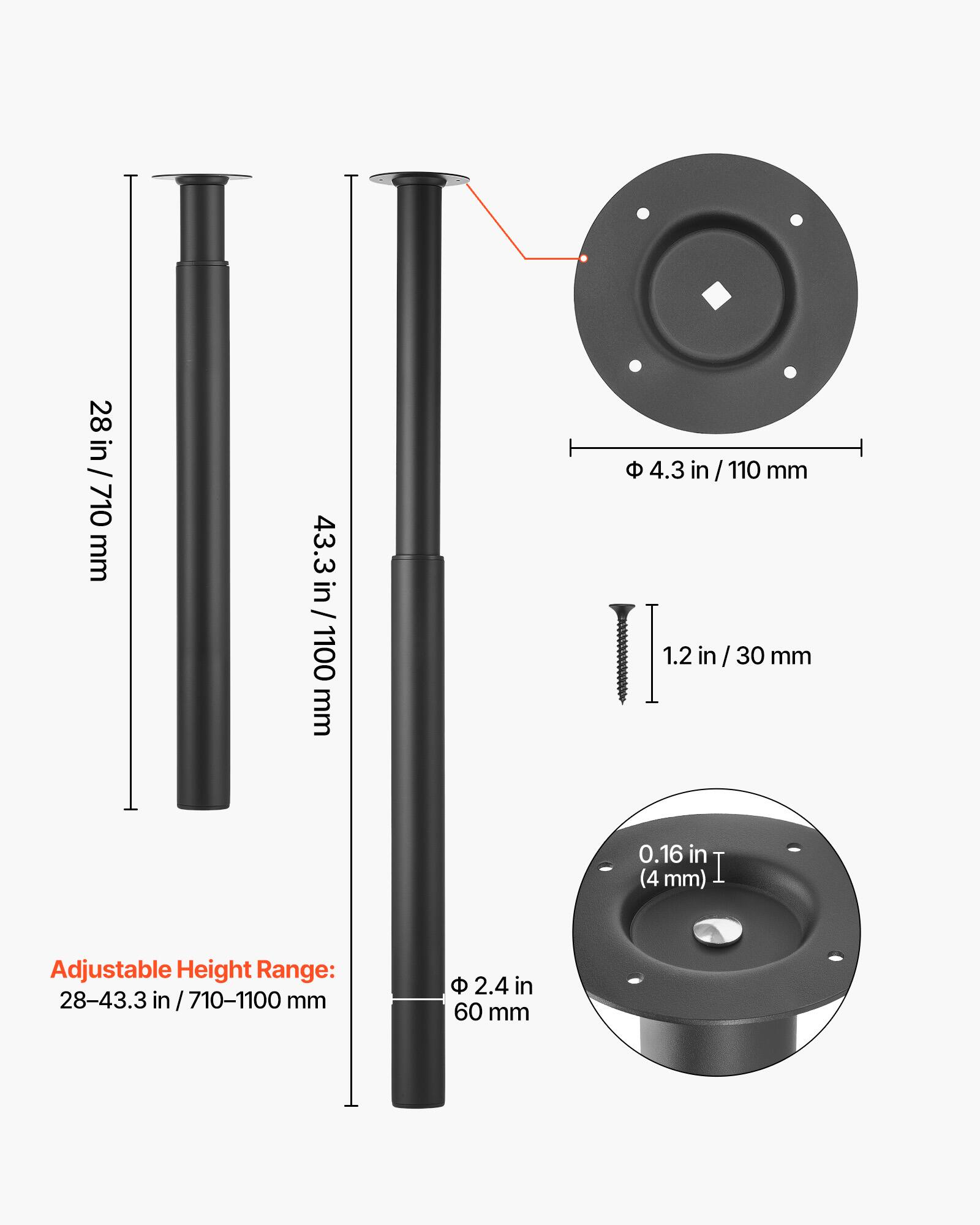 28 in / 710 mm  
43.3 in / 1100 mm  
4.3 in / 110 mm  
1.2 in / 30 mm  
0.16 in (4 mm)  

Adjustable Height Range: 28-43.3 in / 710-1100 mm  

2.4 in / 60 mm