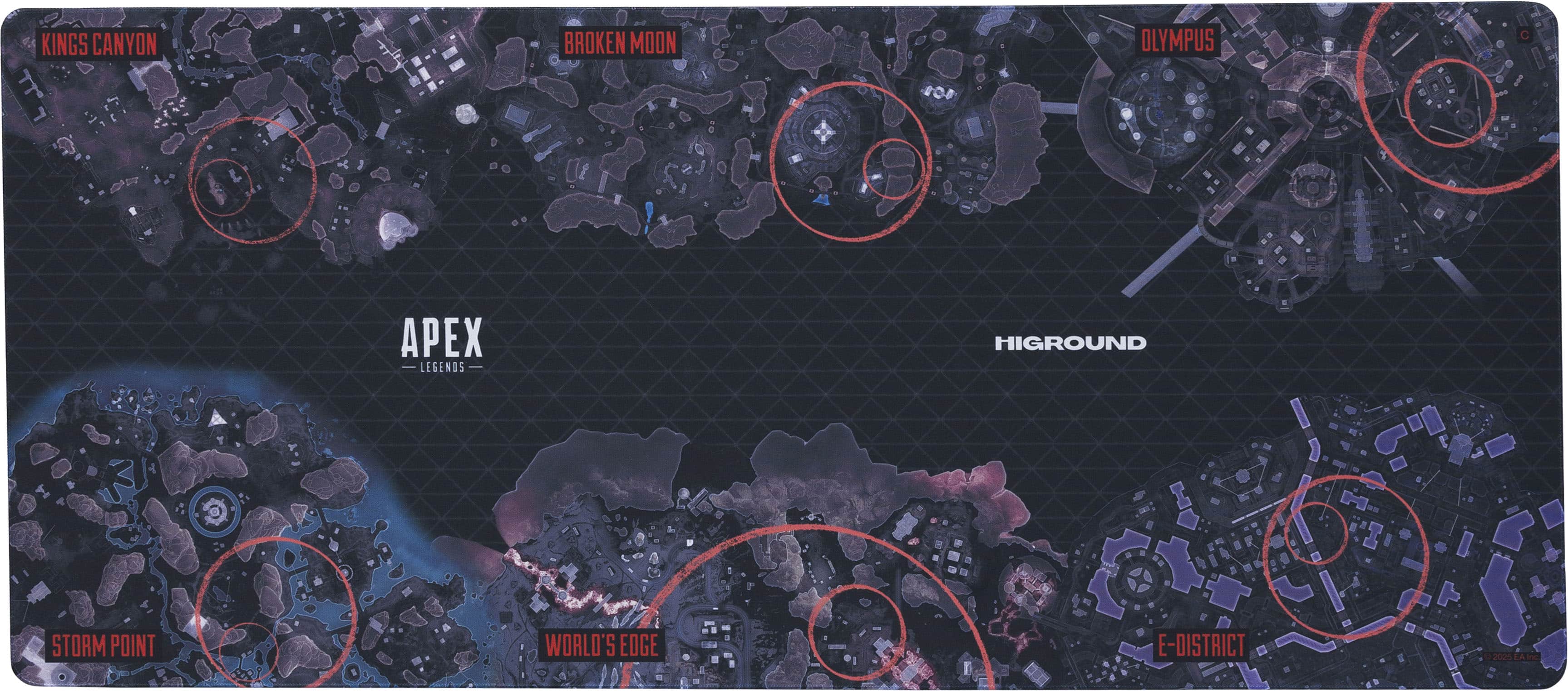 The text on the image is grouped as follows:
1. Kings Canyon
2. Broken Moon
3. Olympus
4. 6 E Legends
5. Highground
6. Storm Point
7. World's Edge
8. E-District
9. 20m