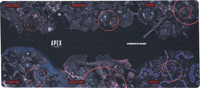 The text on the image is grouped as follows:
1. Kings Canyon
2. Broken Moon
3. Olympus
4. 6 E Legends
5. Highground
6. Storm Point
7. World's Edge
8. E-District
9. 20m