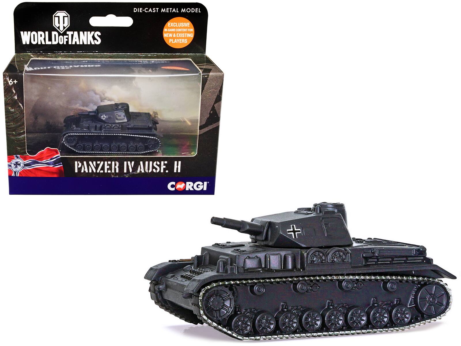 Sure, here is the corrected and grouped text from the image:
---
**WORLD OF TANKS**
**DIE-CAST METAL MODEL**
**EXCLUSIVE IN-GAME CONTENT FOR NEW & EXISTING PLAYERS**
**PANZER IV AUSF. H**
**CORGI**
---
**6+**