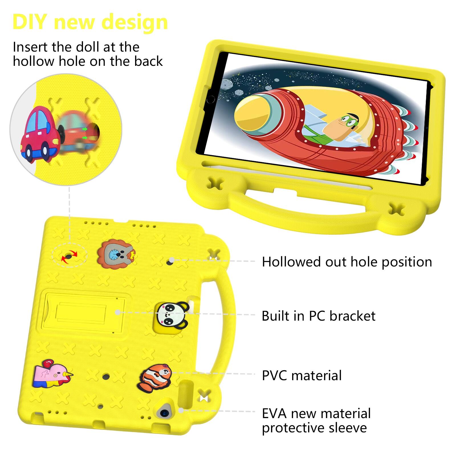 DIY new design  
Insert the doll at the hollow hole on the back  
Hollowed out hole position  
Built in PC bracket  
PVC material  
EVA new material protective sleeve