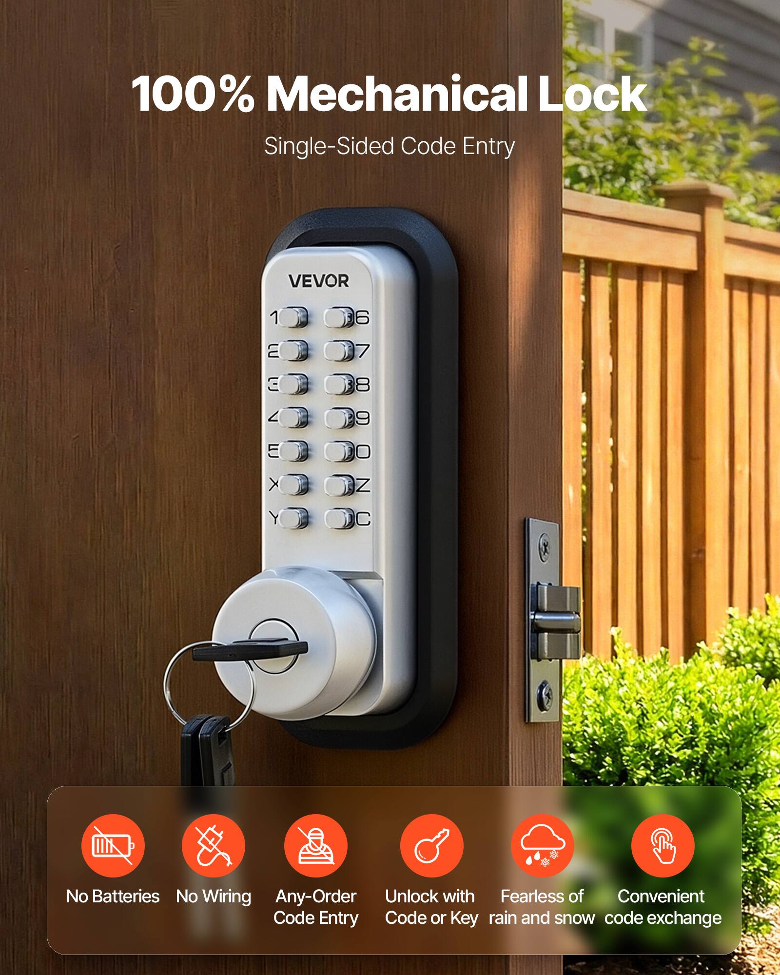 100% Mechanical Lock Single-Sided Code Entry

VEVOR

1 6 E 7 E 8 I E x L Y CNWONO 9 Z

No Batteries No Wiring Any-Order Unlock with Fearless of Convenient Code Entry Code or Key rain and snow code exchange