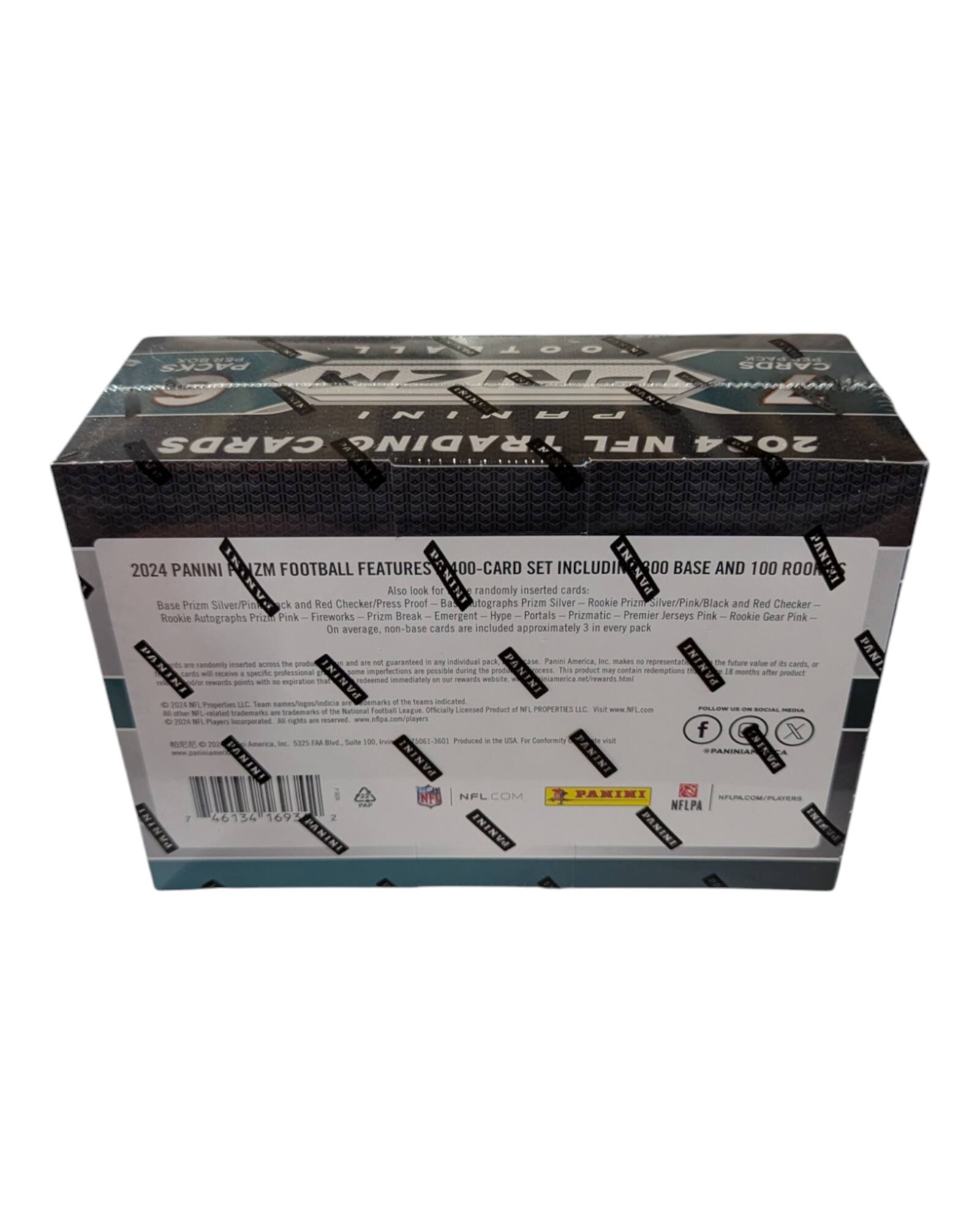 2024 PANINI ZM FOOTBALL FEATURES 400-CARD SET INCLUDING 300 BASE AND 100 ROOKIE CARDS

Also look for randomly inserted cards:
- Base Prizm Silver/Pink/Black and Red Checker/Press Proof
- Rookie Autographs Prizm Silver/Pink/Black and Red Checker
- Prizm Break Emergent Hype Portals Prizmatic Premier Jerseys Pink Rookie Gear Pink

On average, non-base cards are included approximately 3 in every pack.

PANINI guarantees a specific number of cards in each pack. This product may contain redemption cards. The future value of its cards, or the potential for rewards points, is not guaranteed and is subject to change. This product is not a guarantee of any specific professional or amateur athlete's performance. The team indicated is the team the athlete played for during the season indicated. This product is not a guarantee of any specific professional or amateur athlete's performance. The team indicated is the team the athlete played for during the season indicated.

© 2024 NFL PROPERTIES LLC. Team names, logos & data © 2024 NFL PLAYERS, Inc. All rights reserved. www.nfl.com/players

P