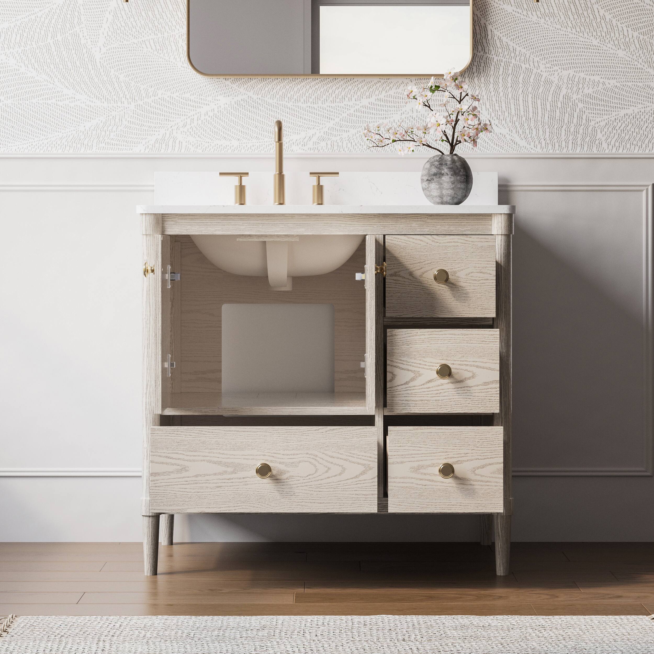 Left. WELLFOR - ETHAN 36 in. Solid Wood Bath Vanity with Quartz Top, Single Sink, Soft Close, Assembled - OAK.