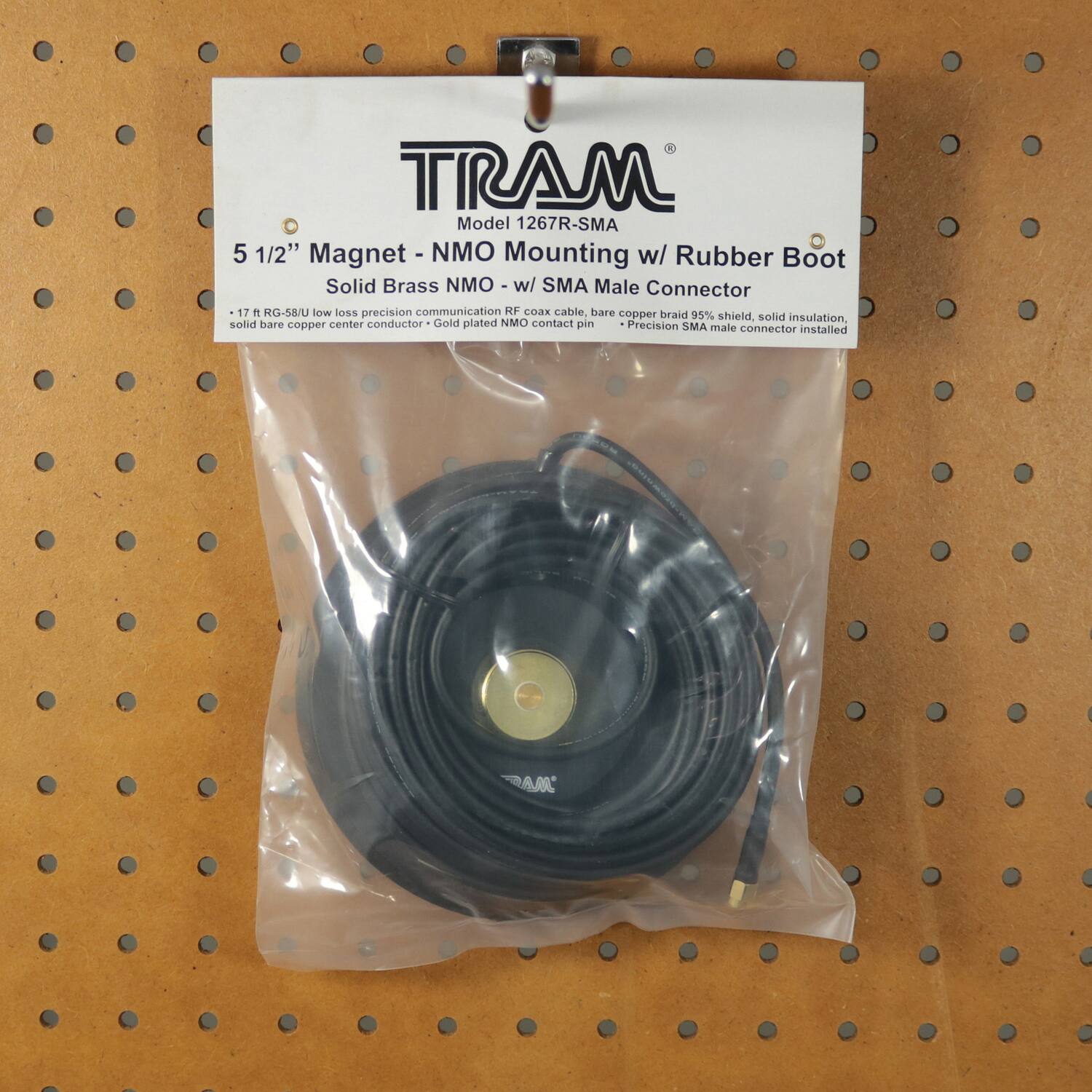 TRAM  
Model 1267R-SMA  

5 1/2" Magnet - NMO Mounting w/ Rubber Boot  
Solid Brass NMO - w/ SMA Male Connector  

- 1 ft RG-58/U low loss precision communication RF coax cable, bare copper braid 95% shield, solid insulation, solid bare copper center conductor - Gold plated NMO contact pin  
- Precision SMA male connector installed  

TRAM
