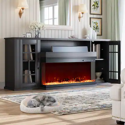 Front. U-HOMY - 70" Electric Fireplace TV Stand with 3-Sided Glass Fireplace, LED Light Entertainment Console - Black.