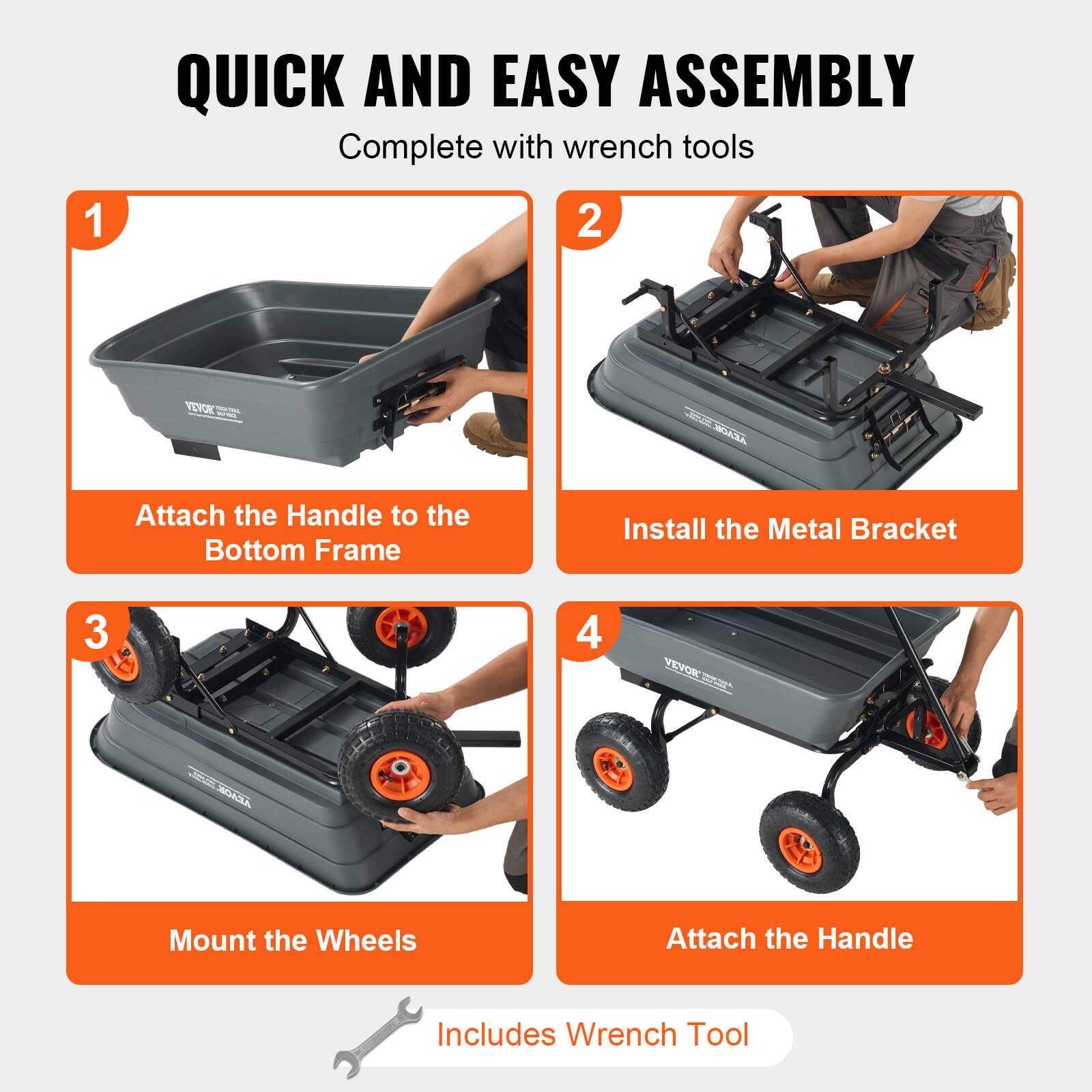 1. QUICK AND EASY ASSEMBLY Complete with wrench tools
2. VEVOE - ONIN MORAL
3. Attach the Handle to the Bottom Frame
4. Install the Metal Bracket
5. Mount the Wheels
6. Attach the Handle
7. Includes Wrench Tool