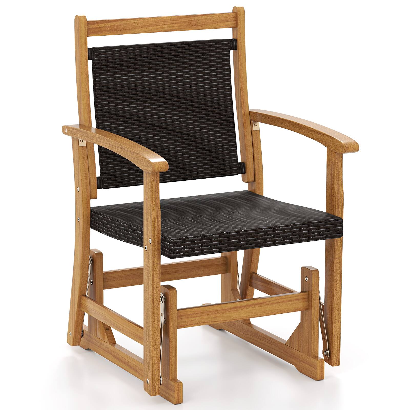 Front. Gymax - Gymax Patio Rattan Glider Chair w/ Acacia Wood Frame & Wicker Seat Back Armrests - Mix Brown.