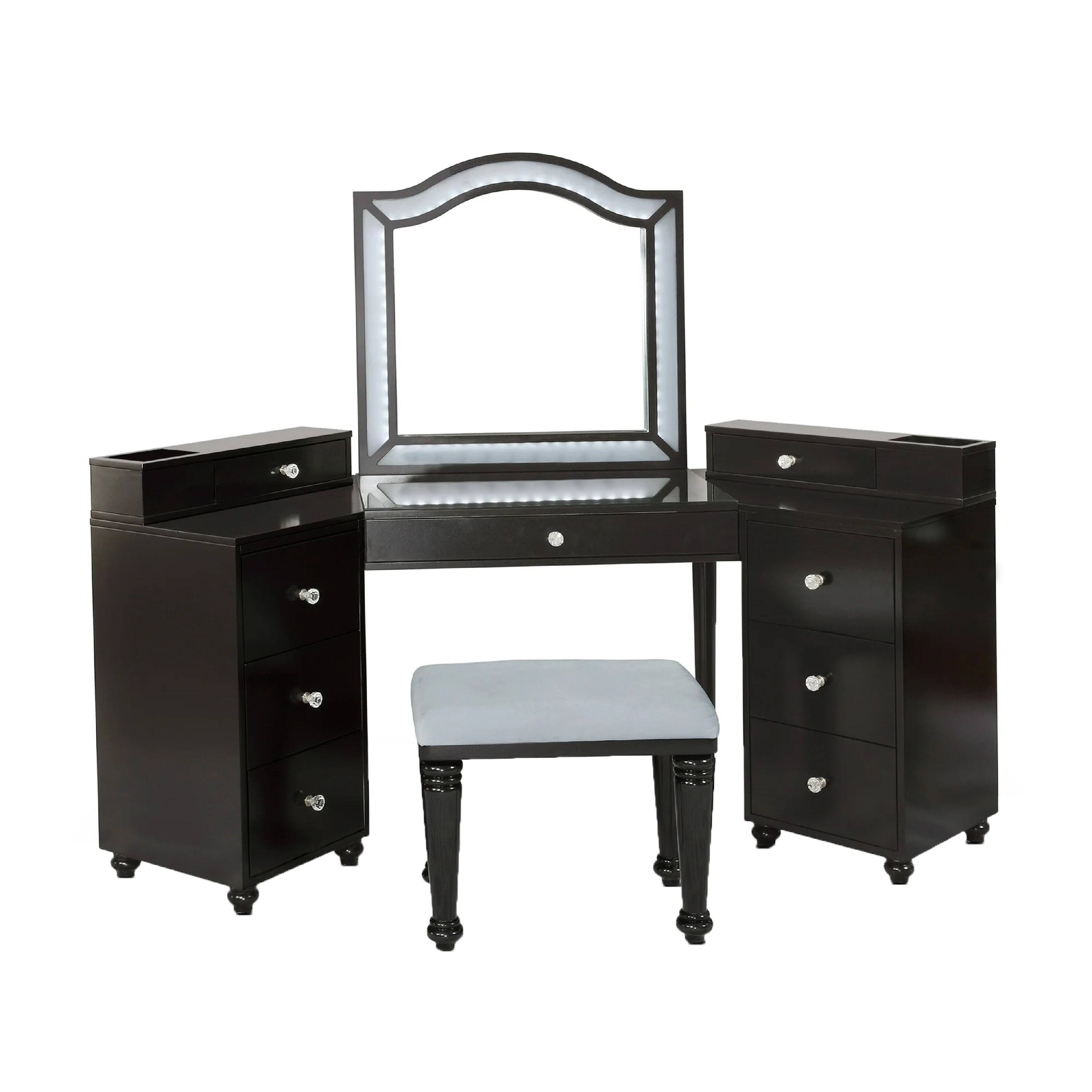 Front. Manhattan Lane - Gena 3pc Vanity Set with Stool, Glass Top Table, LED Mirror - Obsidian Gray, Clear.