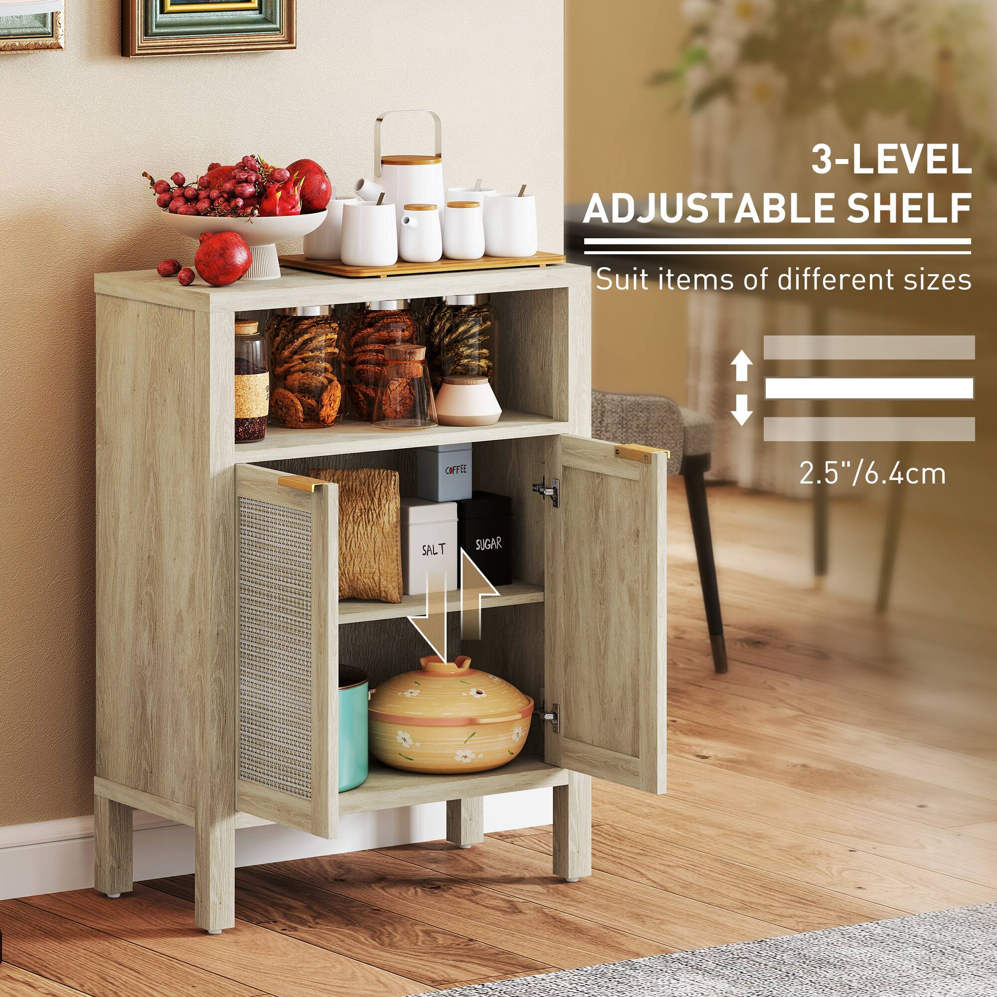 3-LEVEL ADJUSTABLE SHELF Suit items of different sizes 2.5"/6.4cm SALT SUGAR