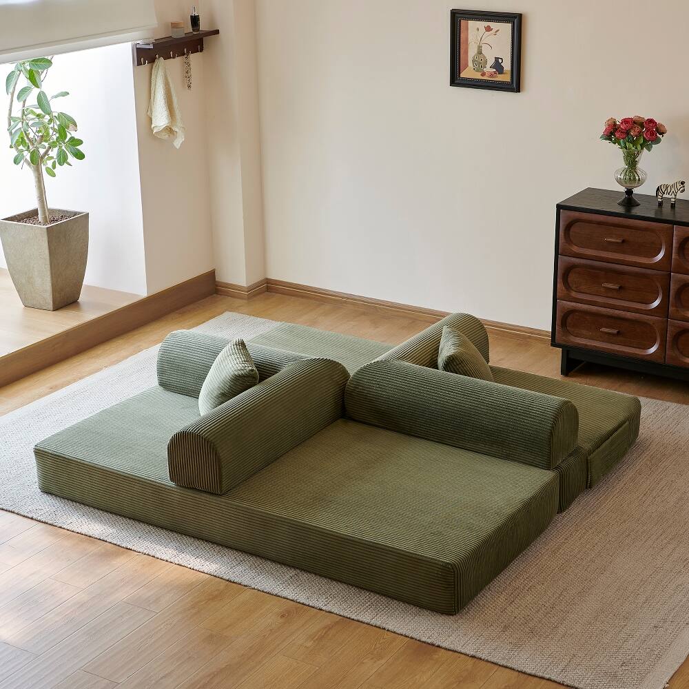 Alt View 1. Loheer - Loheer 78.8 Inch Compression Sofa Convertible Floor Sofa Bed Corduroy Loveseat - Beige.