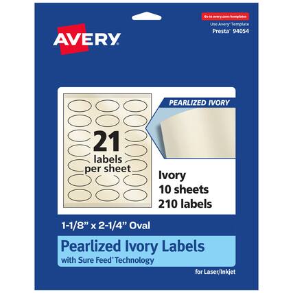 Go to avery.com/templates
Use Avery Template Presta® 94054
PEARLIZED IVORY
21 labels per sheet
Ivory 10 sheets 210 labels
1-1/8" x 2-1/4" Oval
Pearlized Ivory Labels with Sure Feed® Technology for Laser/Inkjet