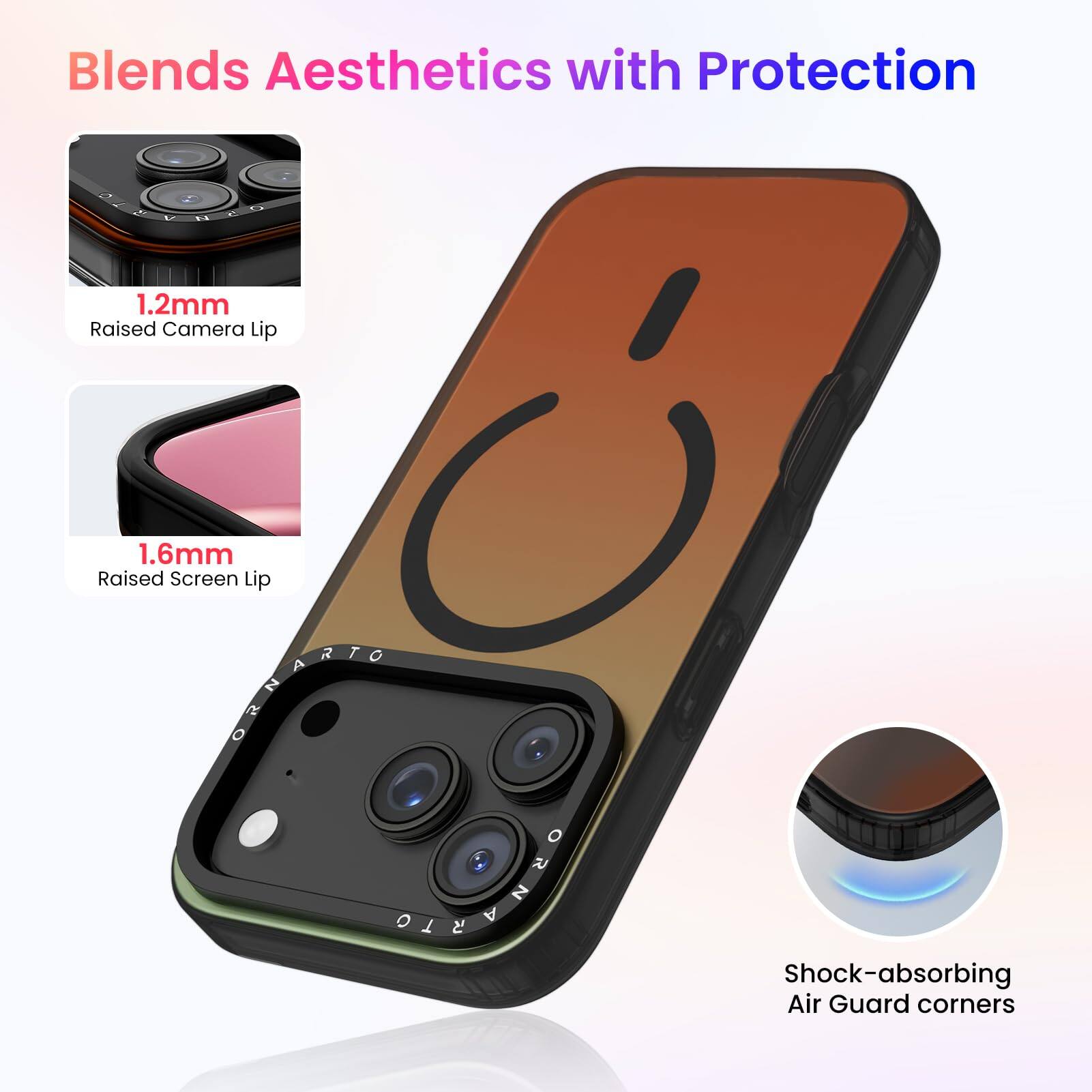 Blends Aesthetics with Protection

1.2mm Raised Camera Lip

1.6mm Raised Screen Lip

Shock-absorbing Air Guard corners
