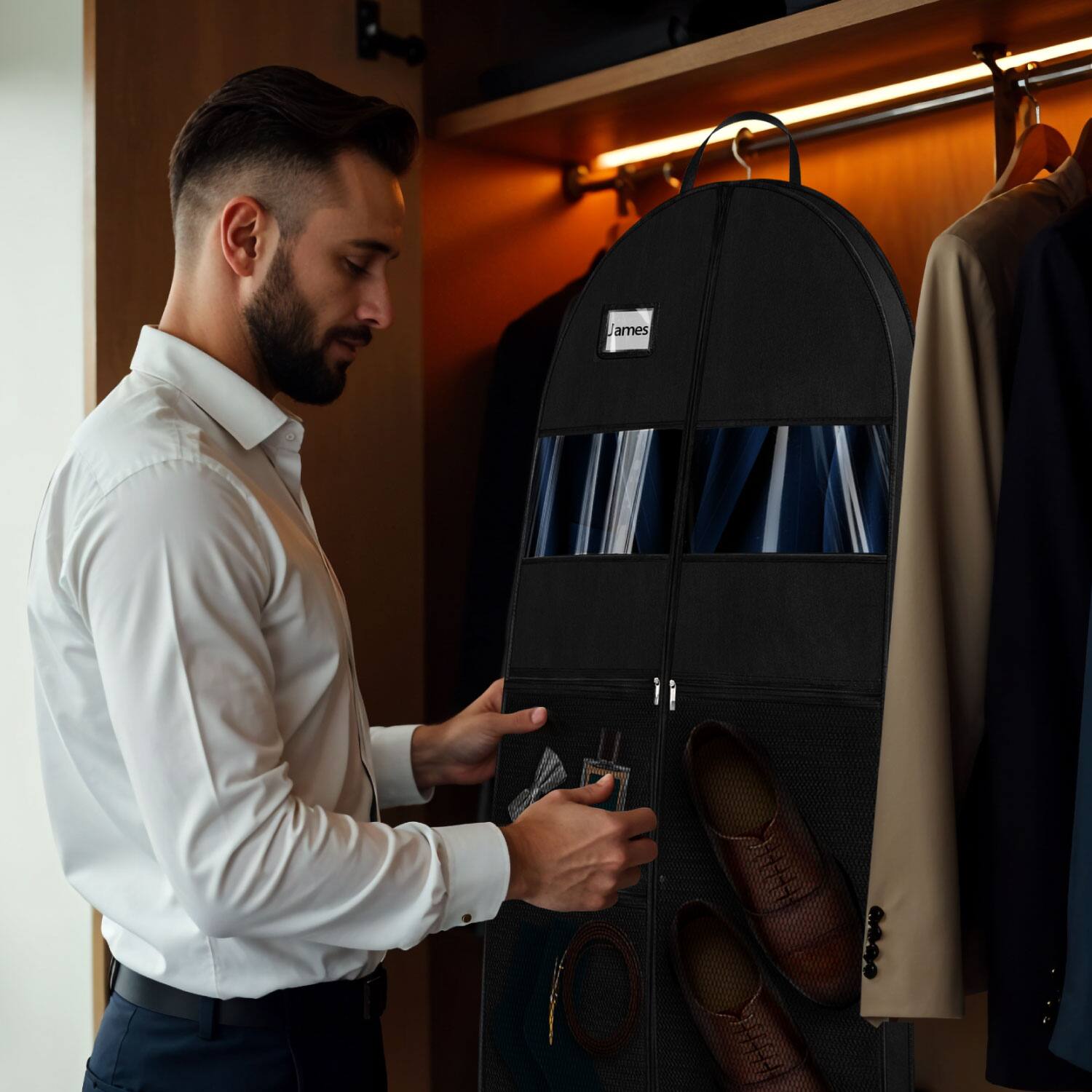 Angle. Mber - 43" Garment Bags for Travel, Garment Bags Hanging Clothes, Travel Suit Bag Closet Storage For Dress Clothes, Black - Black.