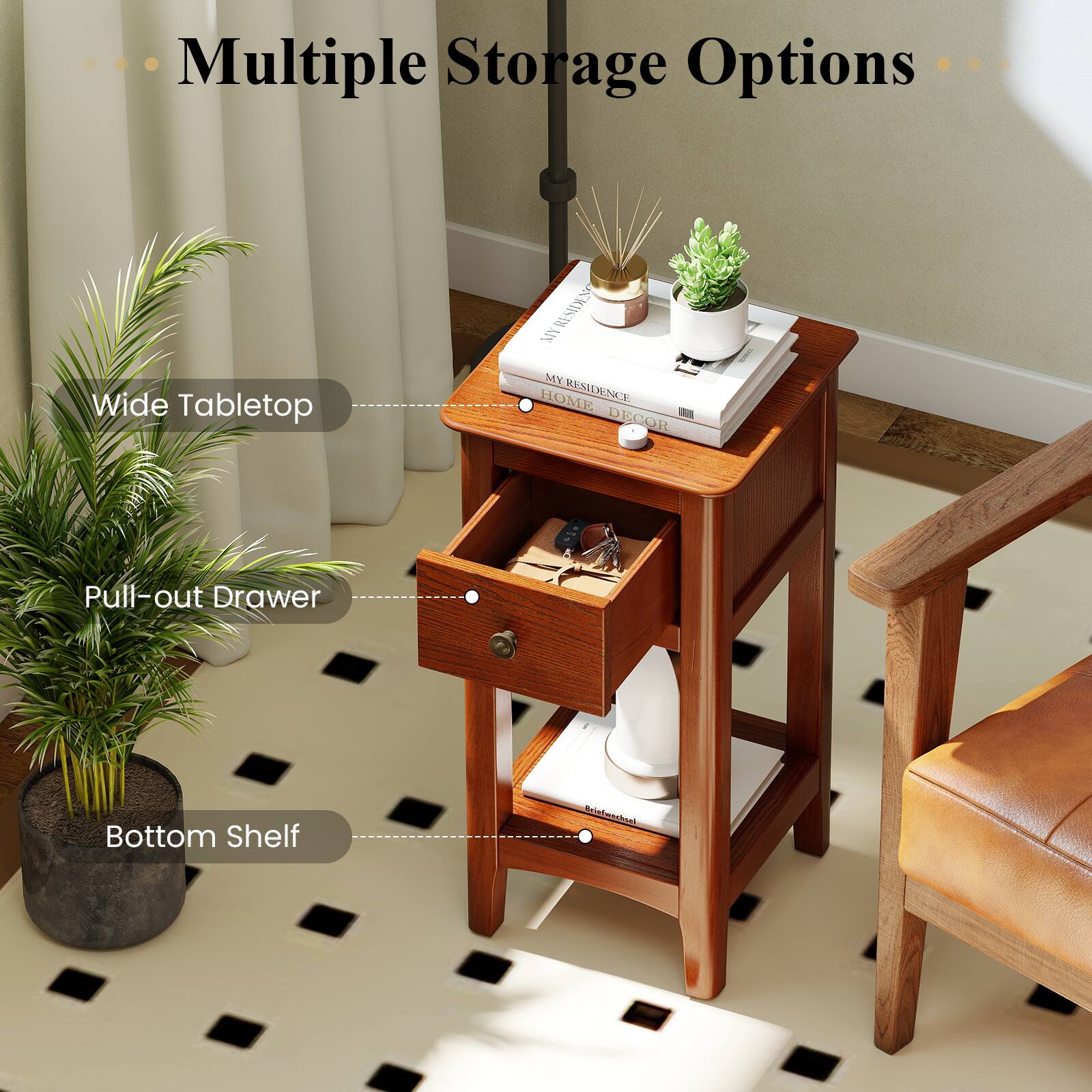 Multiple Storage Options

- Wide Tabletop
- Pull-out Drawer
- Bottom Shelf