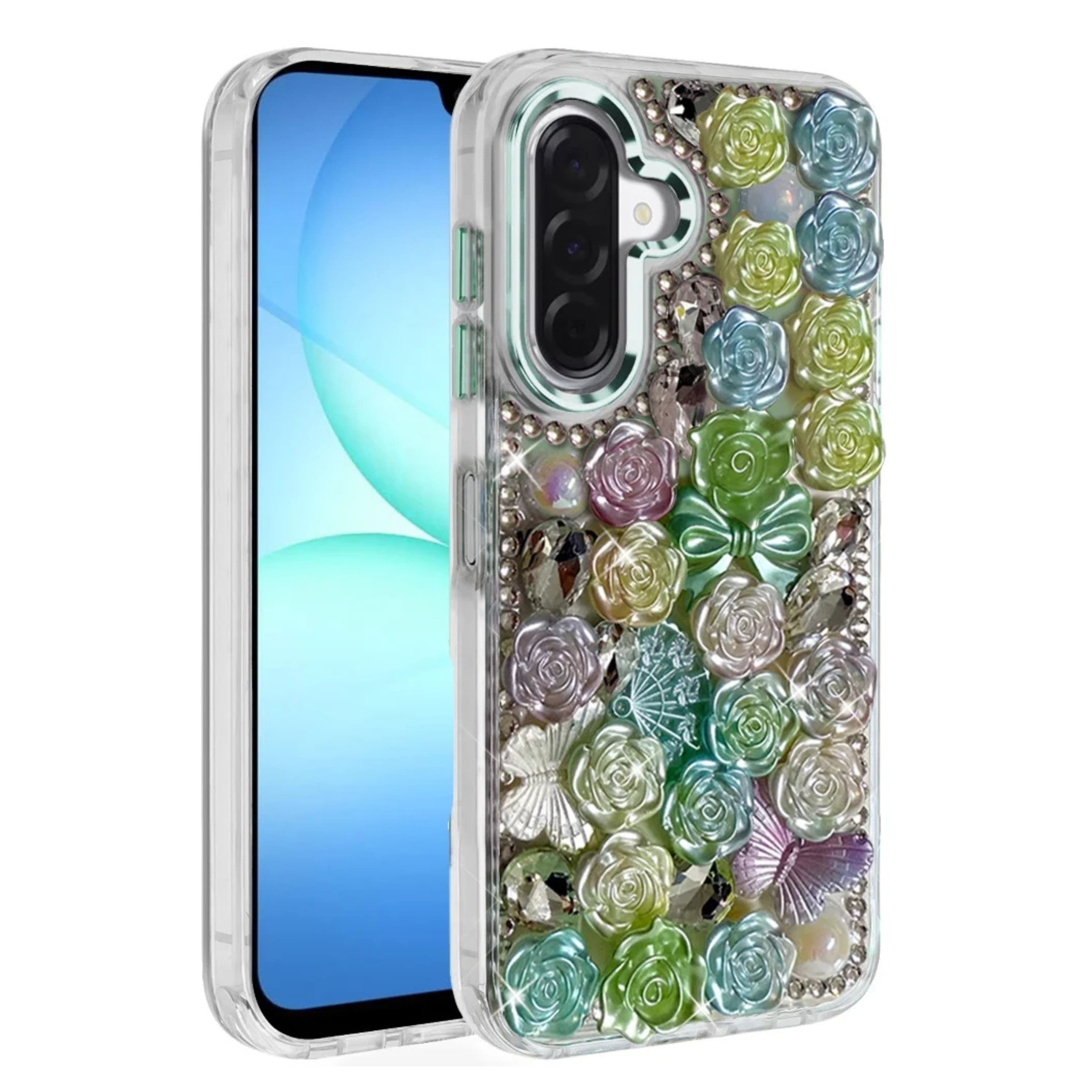Kitcheniva - 3D Rose Arrangement Bling Rhinestone Phone Case With Tempered Glass For Samsung A17 5G - Green