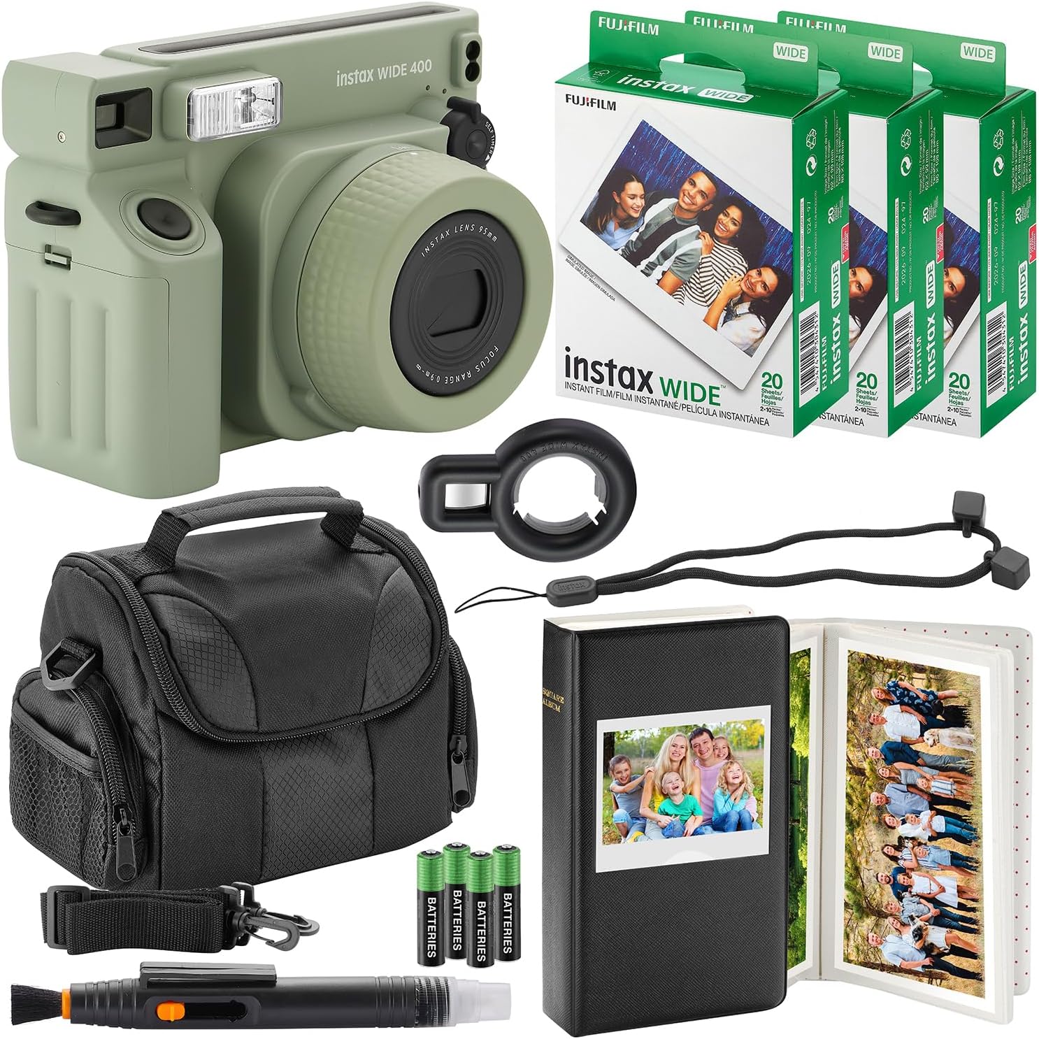 Fujifilm - Instax Wide 400 Instant Camera + Camera Case + 4 AA Batteries + Photo Album, Cleaning Pen + Photo Prints (Sage Green) - 60 Sheets