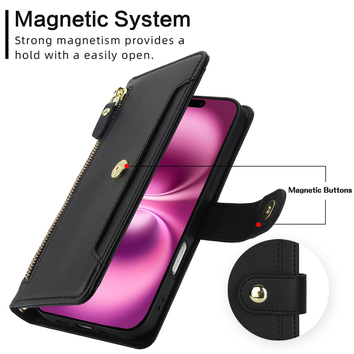 Magnetic System  
Strong magnetism provides a hold with a easily open.  
Magnetic Buttons