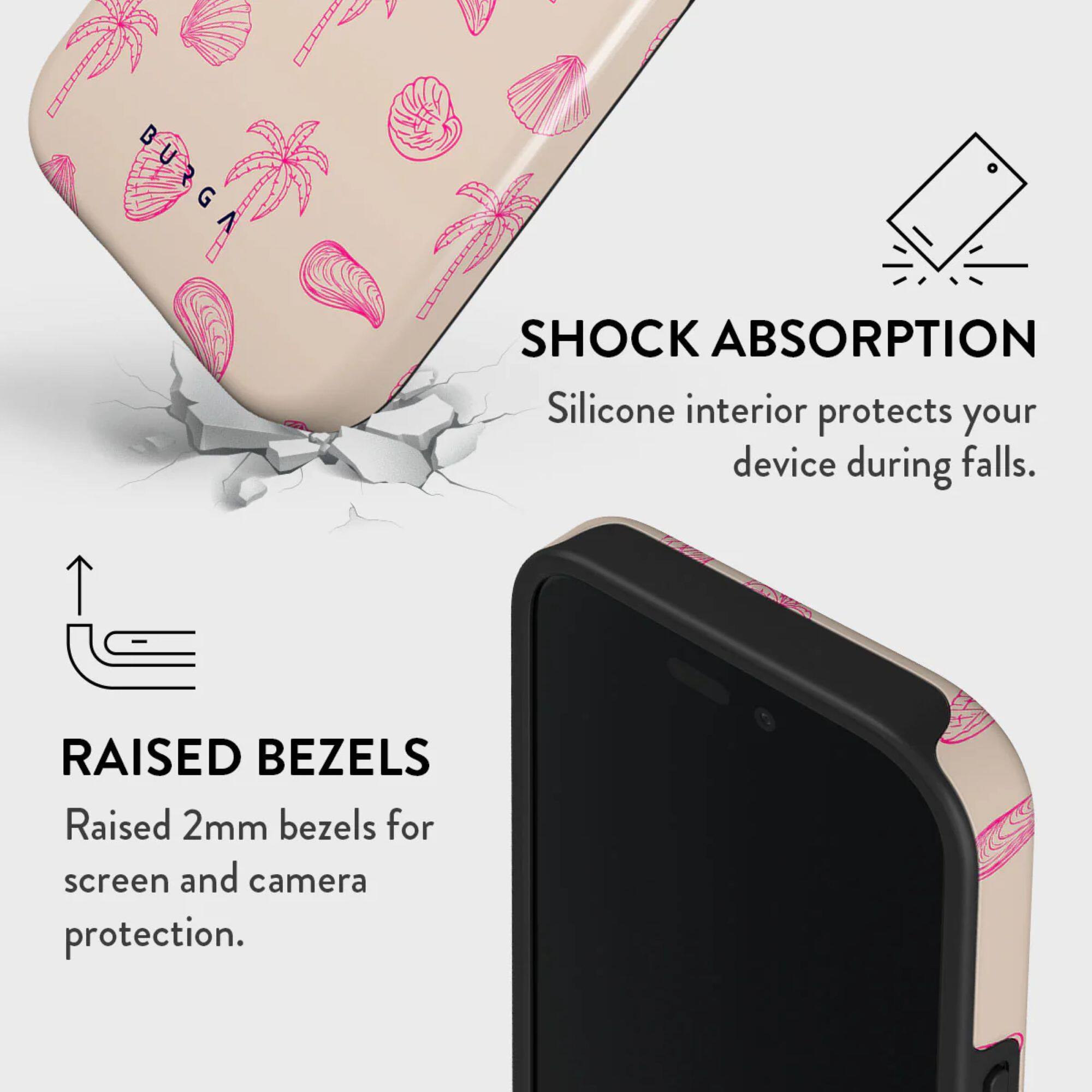 SHOCK ABSORPTION  
Silicone interior protects your device during falls.

RAISED BEZELS  
Raised 2mm bezels for screen and camera protection.