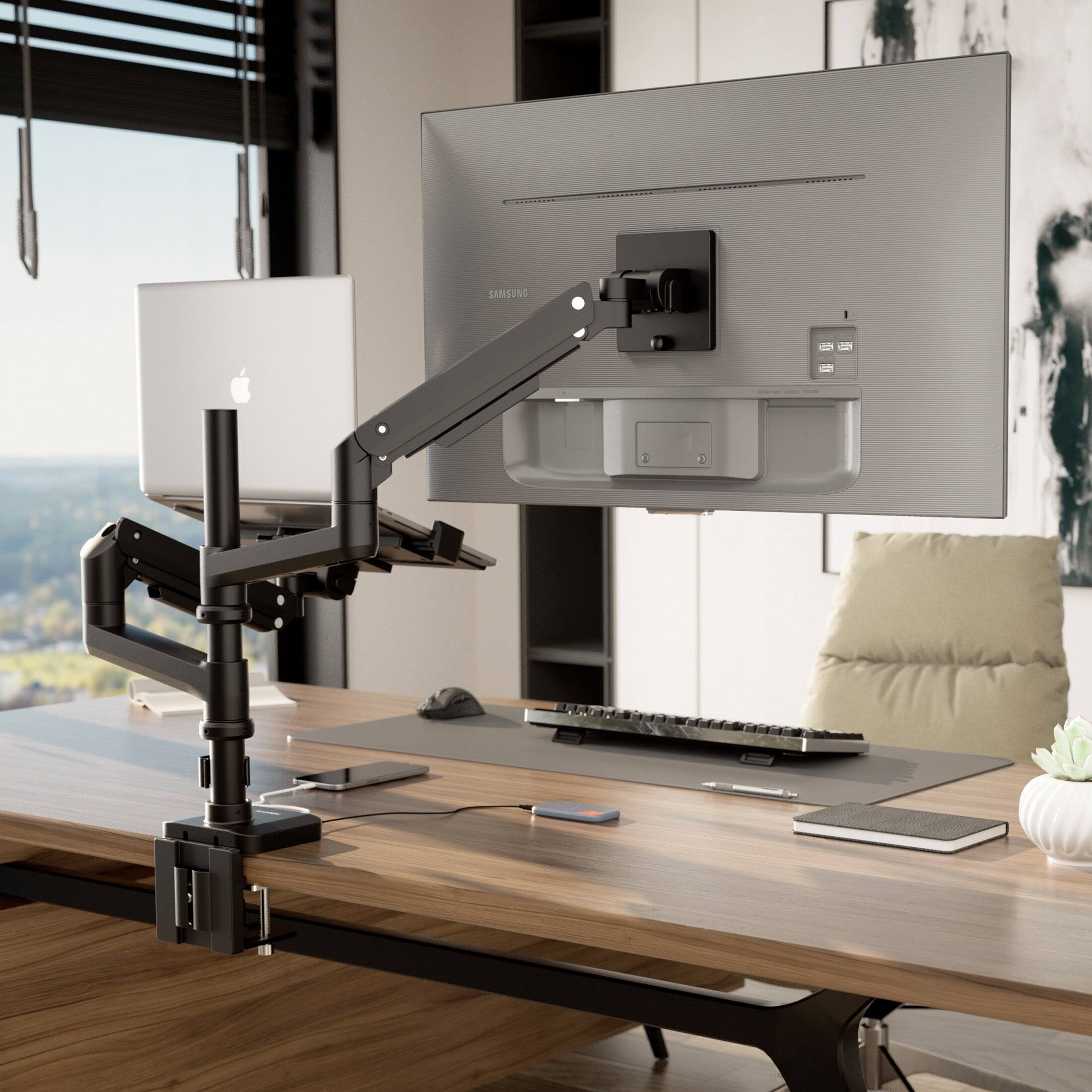 Alt View 6. Mount-It! - Monitor and Laptop Desk Mount with Pole, Gas Spring Arms, USB-C, Fits Up to 49 Inch Monitor - Black.