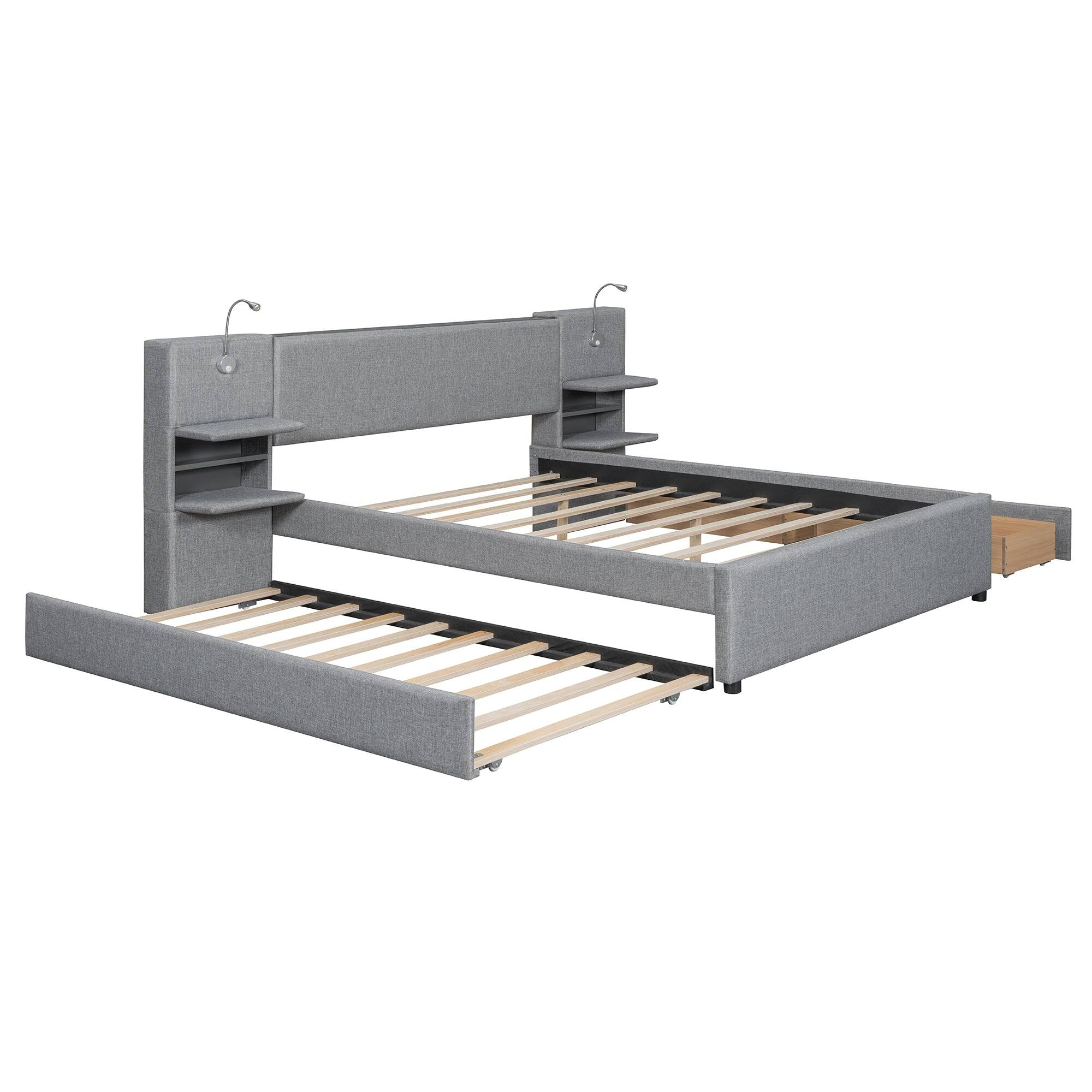Alt View 9. Boyel Living - Queen Size Upholstered Platform Bed with Reading Lights, Drawers, Trundle, and Storage Shelves – Gray - Grey.