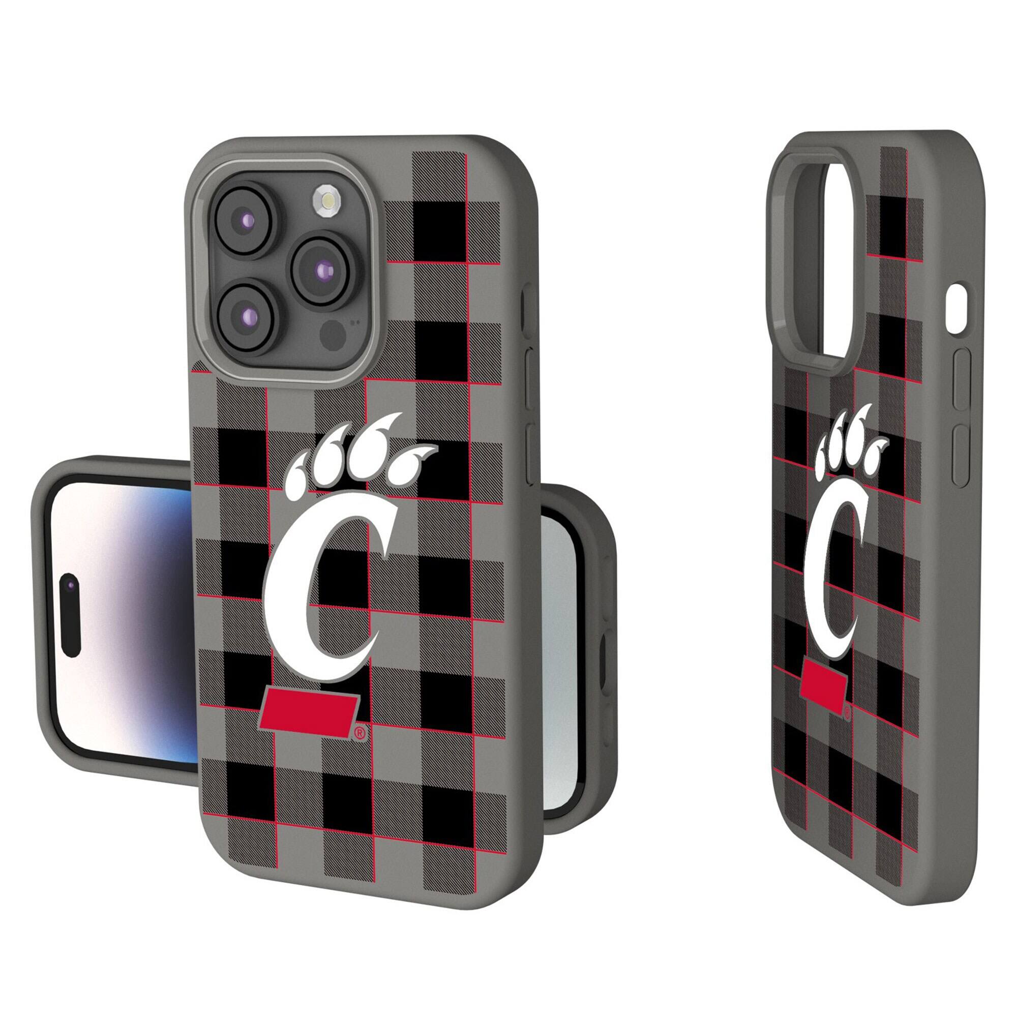 Front. Keyscaper - Cincinnati Bearcats Plaid Soft Touch iPhone Case - 14 Pro Max - Gray.