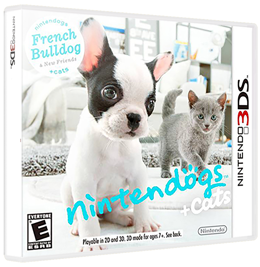 nintendogs French Bulldog & New Friends +cats  
NINTENDO 3DS™  
EVERYONE  
Playable in 2D and 3D. 3D mode for ages 7+. See back.  
Nintendo - E (Everyone)