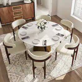 POVISON - 59" Modern Glossy White Sintered Stone Round Dining Table for 6 with Bronze Steel Base - Glossy White Sintered Stone & Bronze Steel Base