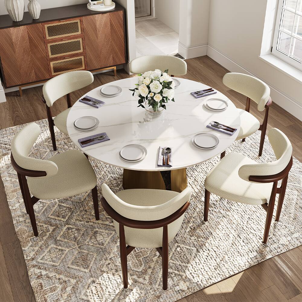 Front. POVISON - 59" Modern Glossy White Sintered Stone Round Dining Table for 6 with Bronze Steel Base - Glossy White Sintered Stone & Bronze Steel Base.
