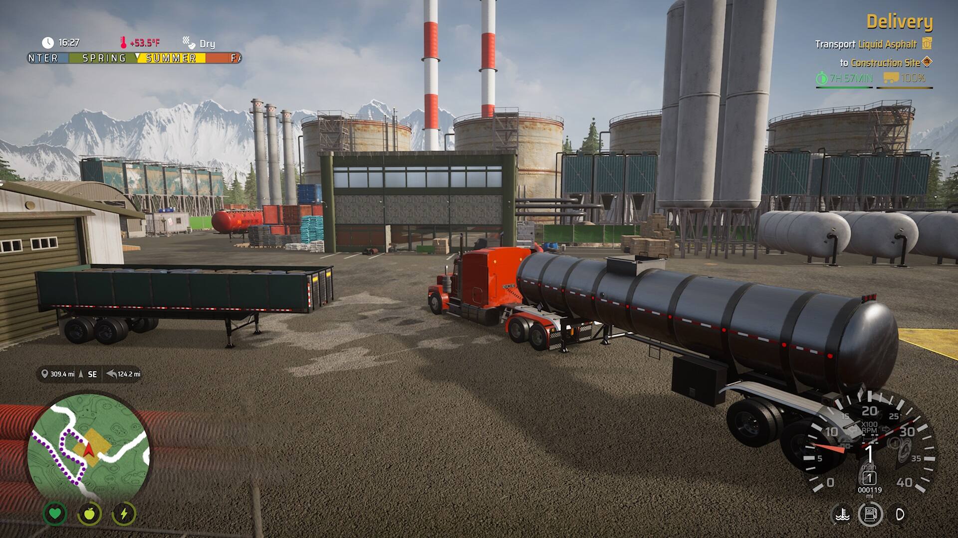 The text on the image reads: "16:27 +53.5F 8 Dry Inter Spring Y Summer F Delivery Transport Liquid Asphalt 1 to Construction Site 7H 57MIN 100% Citani 309.4 mi A SE 124.2 mi 20 5 25 X100 10 RPM 30 D- 5 1 35 crion 0 1 40 000119 m + D."

This text seems to be a combination of various elements, such as temperature, time, location, and vehicle information. However, it is not possible to group and correct the text without more context or understanding of the specific data being presented.