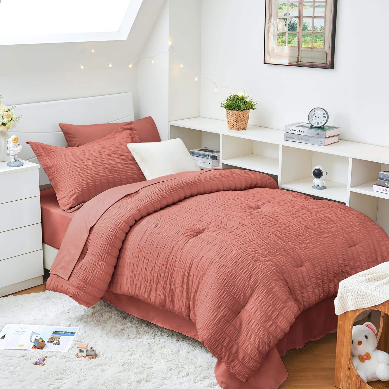 VEGA AUTOMOTIVE - Seersucker 7pc Coral Comforter Set with Sheets,Microfiber All-Season - Coral Twin XL(68"x 88")