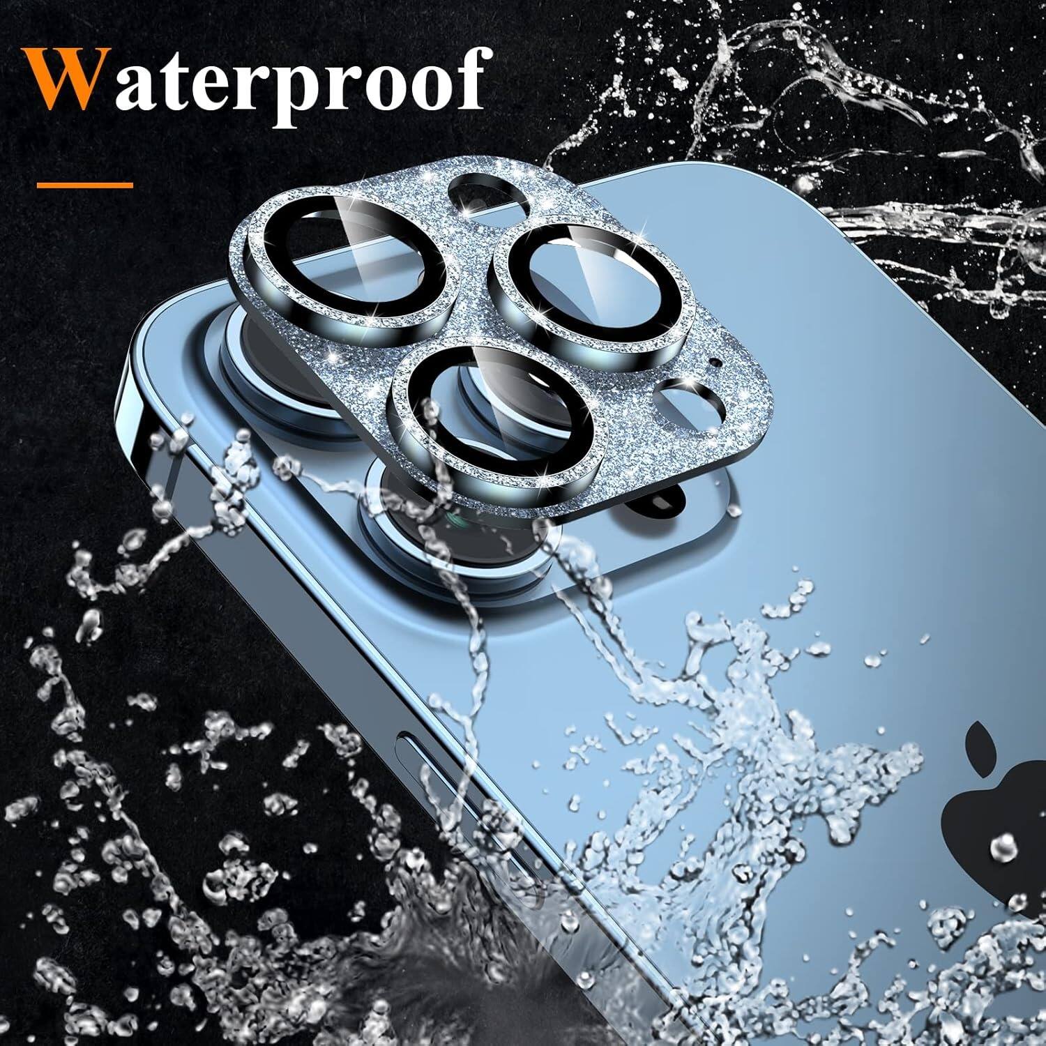 Left. PARKER SLATER - iPhone 13 Pro/Pro Max Camera Lens Protector, Glitter Diamond Metal Ring - A-Sierra Blue Glitter.