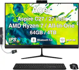 Acer - Upgraded - Aspire All-in-One 27 FHD (AMD Ryzen 7 5825U, 64GB DDR4, 4TB PCIe SSD, AMD Radeon, Win 11 Pro) w/USB Hub - Black
