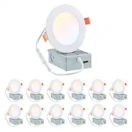 VEVOR - 12 Pack 4 Inch LED Recessed Ceiling Light, 5CCT, Ultra-Thin Canless Wafer Downlight with Junction Box, 2700K/3000K/3500K - White