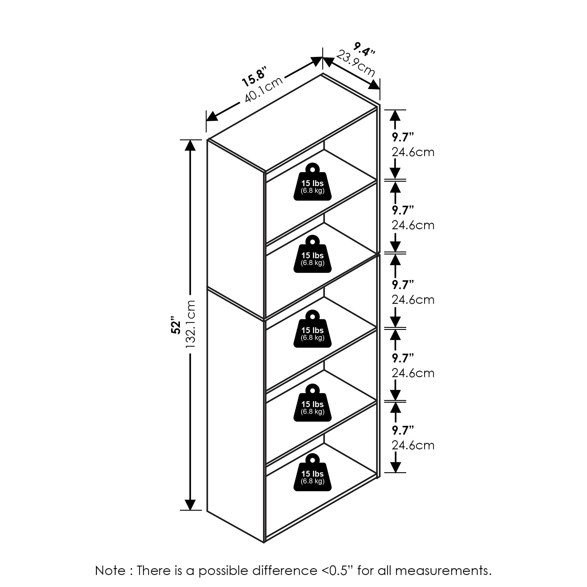 15.8" (40.1 cm)  
9.4" (23.9 cm)  
9.7" (24.6 cm)  
52" (132.1 cm)  
15 lbs (6.8 kg)  
Note: There is a possible difference <0.5" for all measurements.