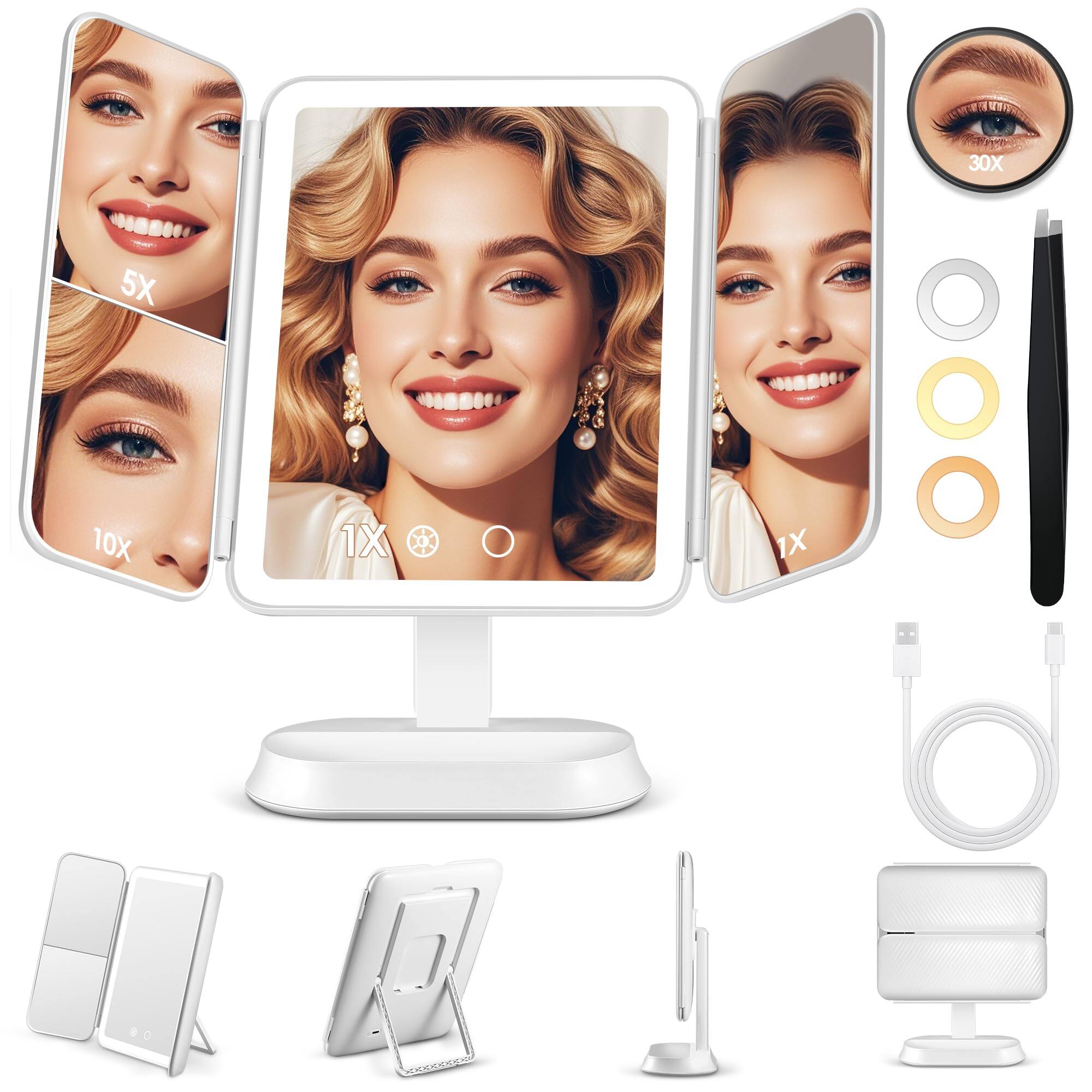 ThinkLink Electronic - Vanity Mirror With Lights Lighted Makeup 30x/10x/5x Magnification Rechargeable Trifold 3 - Default