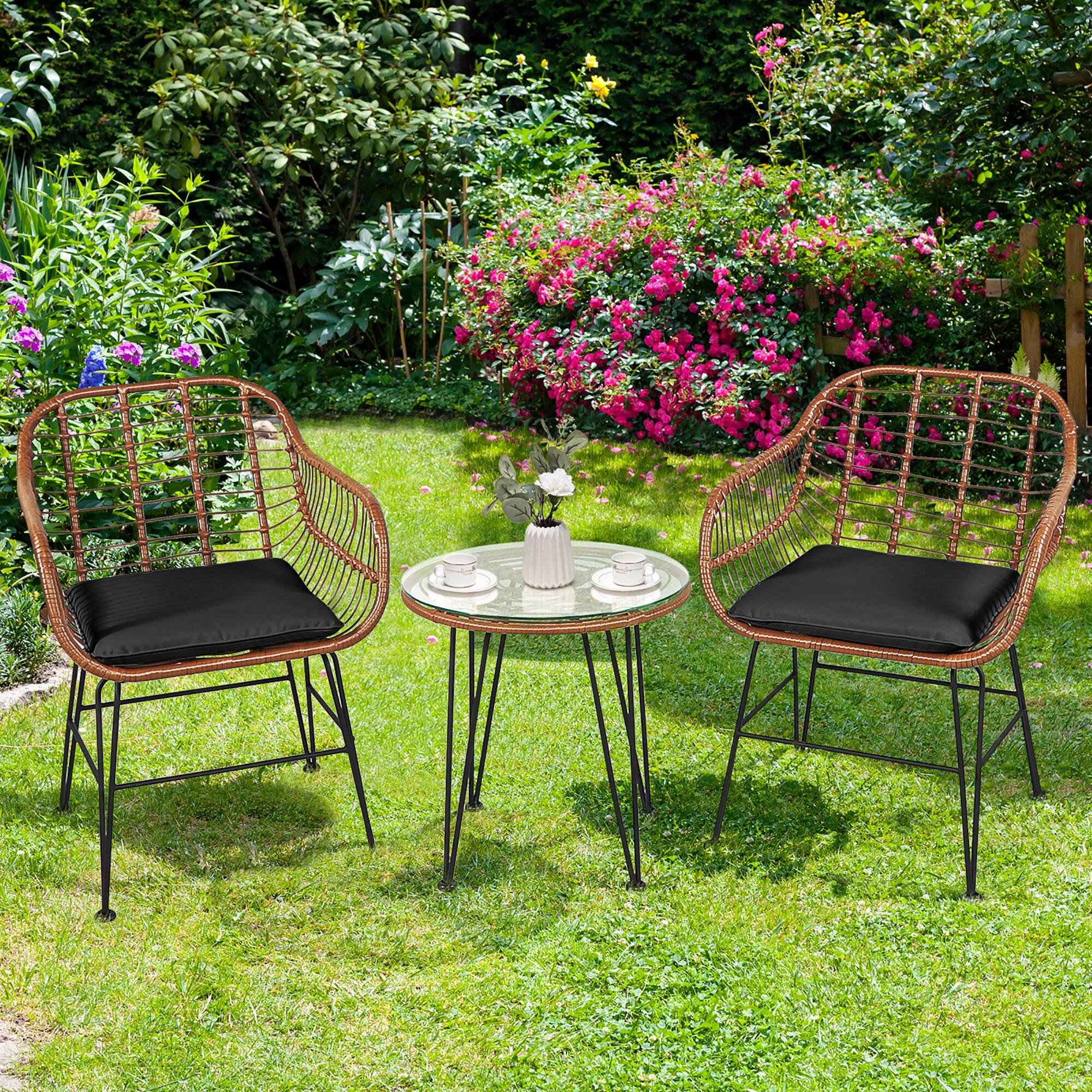 Alt View 8. Costway - 3PCS Patio Rattan Bistro Set Coffee Table Armchair Garden Cushion - Black.