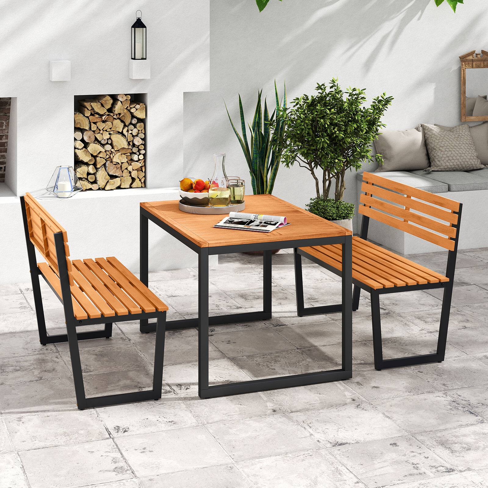 Alt View 9. Gymax - Gymax Outdoor Bench Acacia Wood Patio Loveseat w/ Backrest & Heavy Duty Metal Frame Black - Black.