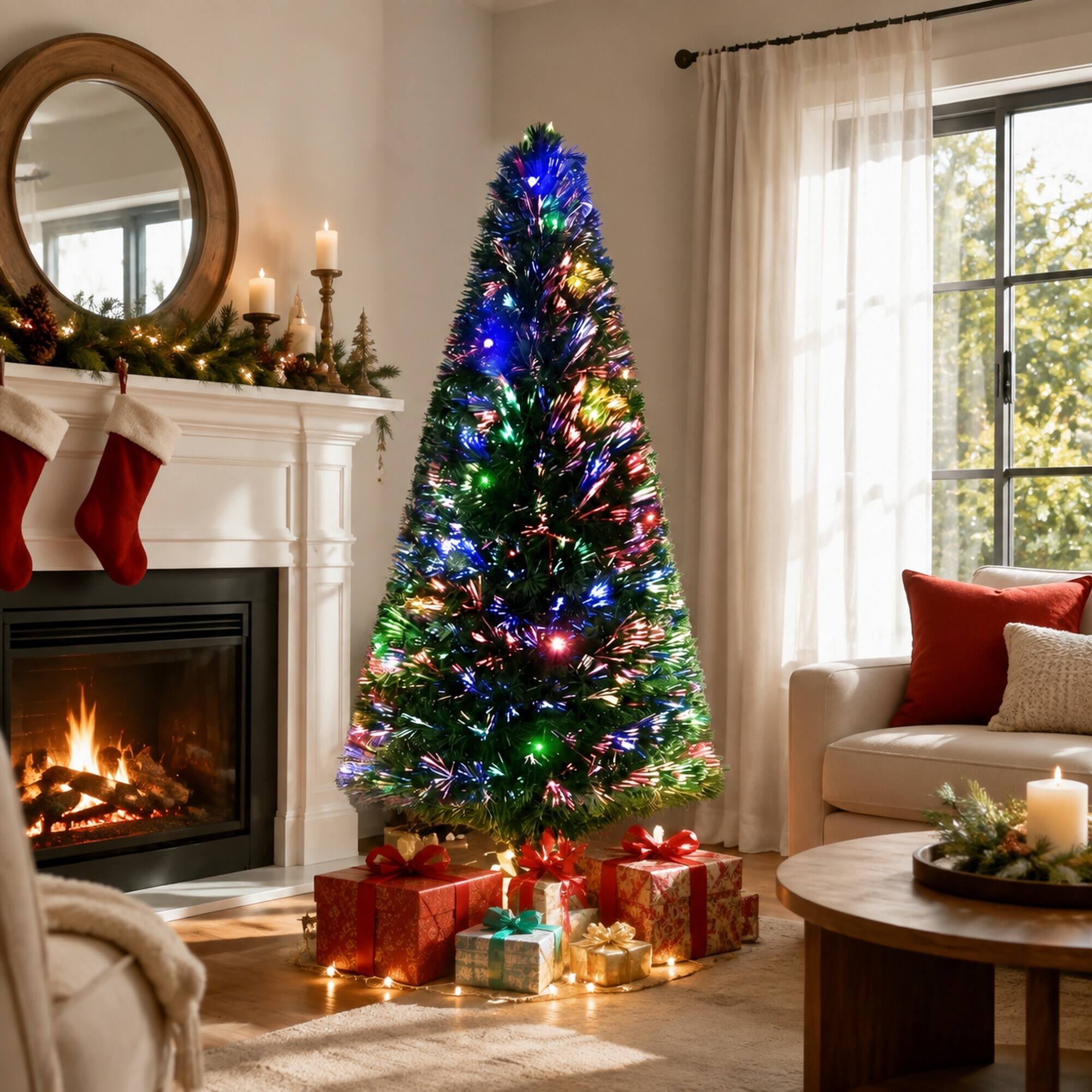 Angle. RYHNUYNE - 6FT Pre-Lit Douglas Fir Christmas Tree With Realistic Branches and Warm LED Lights - Green.