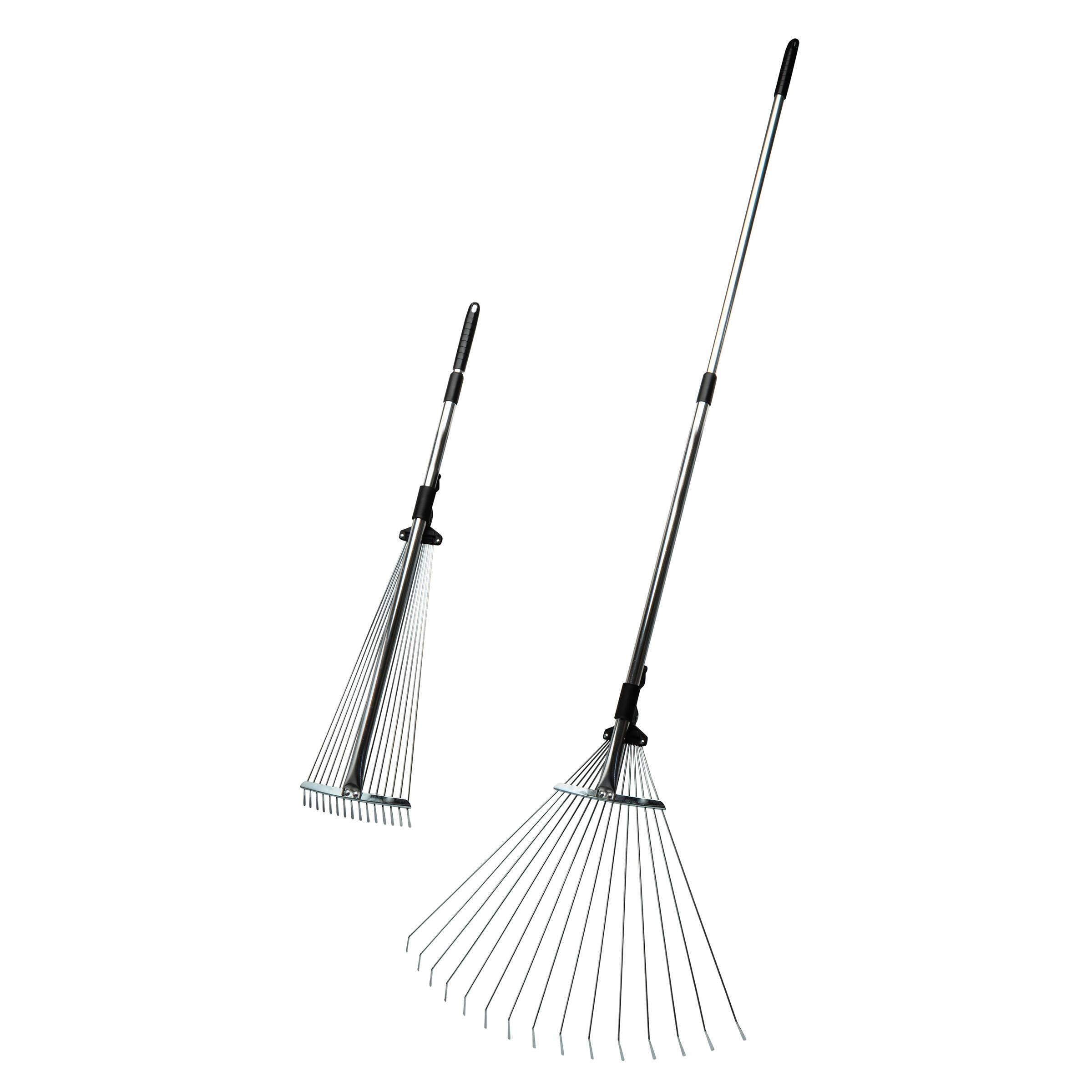Front. Kings County Tools - Adjustable Metal Leaf Rake - Silver and Black.