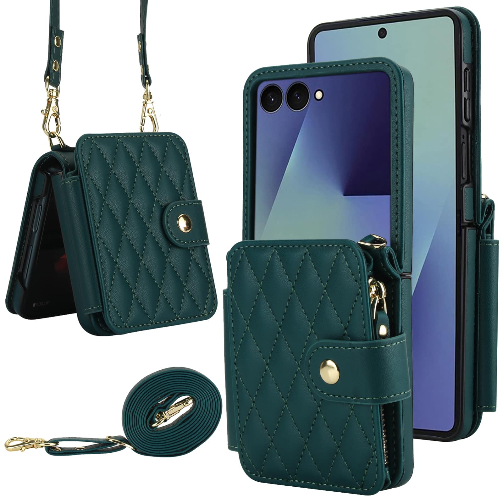 Dteck - Crossbody Quilted PU Leather Wallet Case for Samsung Galaxy Z Flip7,Shock-absorbent RFID Card Pocket Back Cover+Strap - Green price history on PriceWatchPro