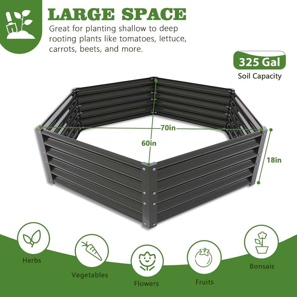 LARGE SPACE  
Great for planting shallow to deep rooting plants like tomatoes, lettuce, carrots, beets, and more.  

325 Gal Soil Capacity  

70in x 60in x 18in  

Herbs  
Vegetables  
Flowers  
Fruits  
Bonsais