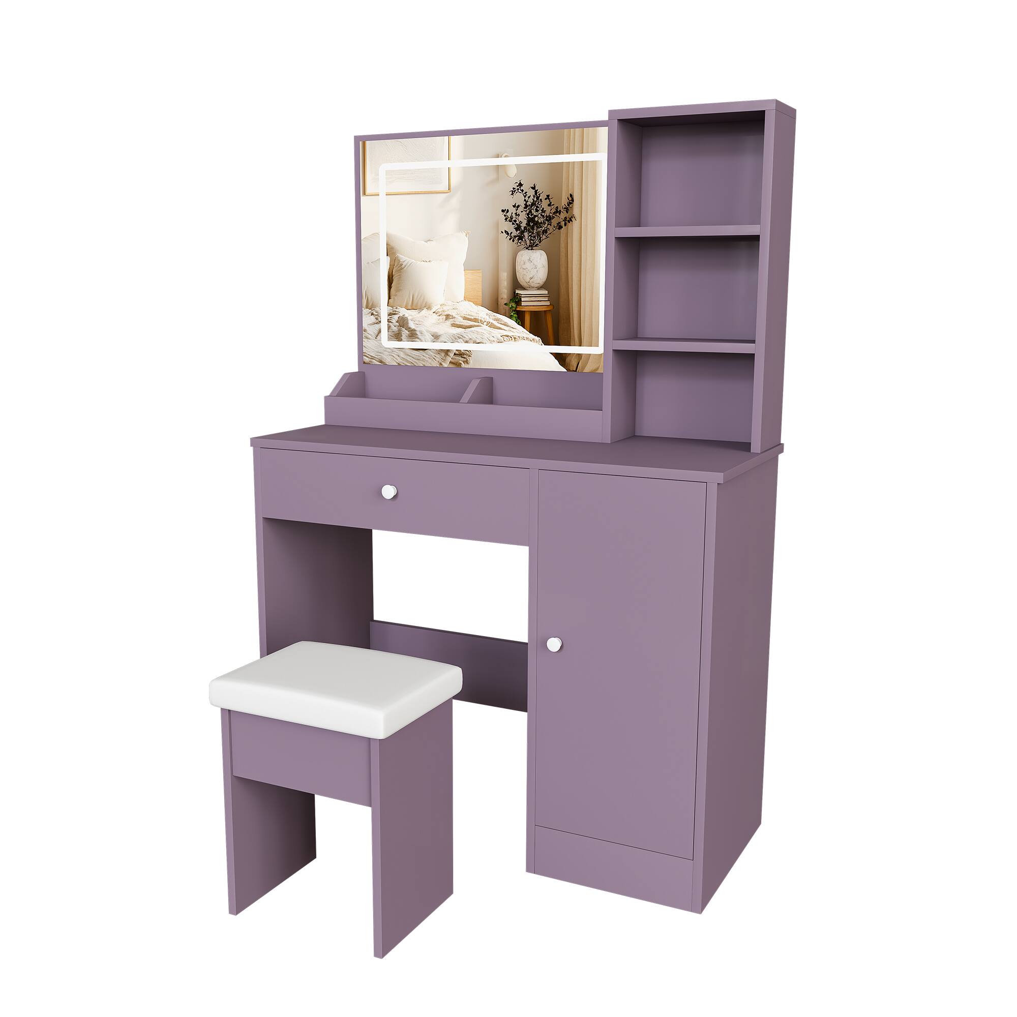 Alt View 4. Z-Edge - Vanity Desk Set with Padded Stool & Adjustable LED Lighted Mirror (3 Color Modes), Modern Dressing Table for Bedroom - Purple.