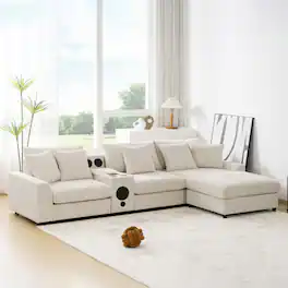 Whisen - Corduroy L-Shaped Sectional Sofa with Bluetooth Speakers, Storage & Ottoman for Living Room - Cream